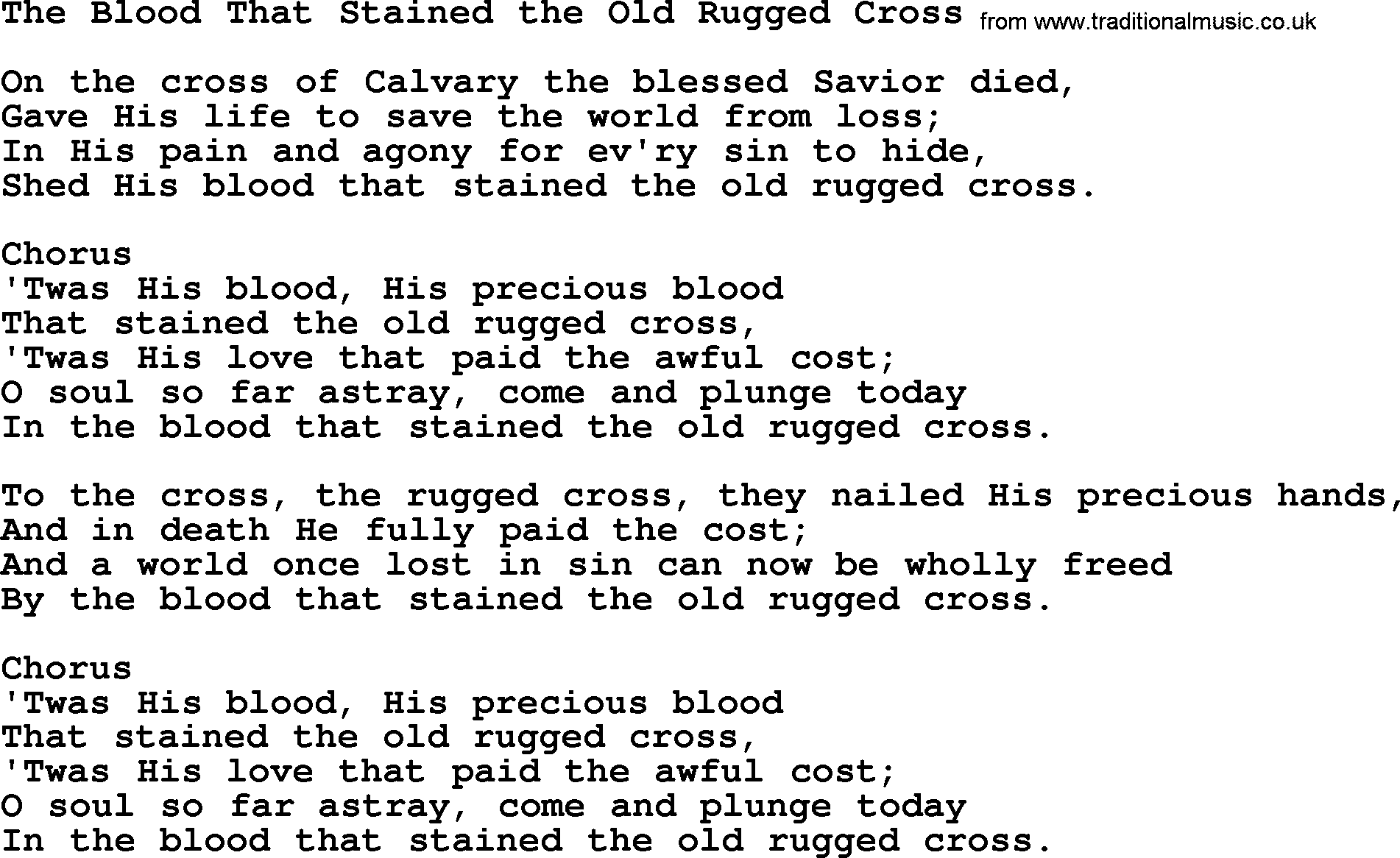 Baptist Hymnal Hymn: The Blood That Stained The Old Rugged Cross, lyrics with pdf