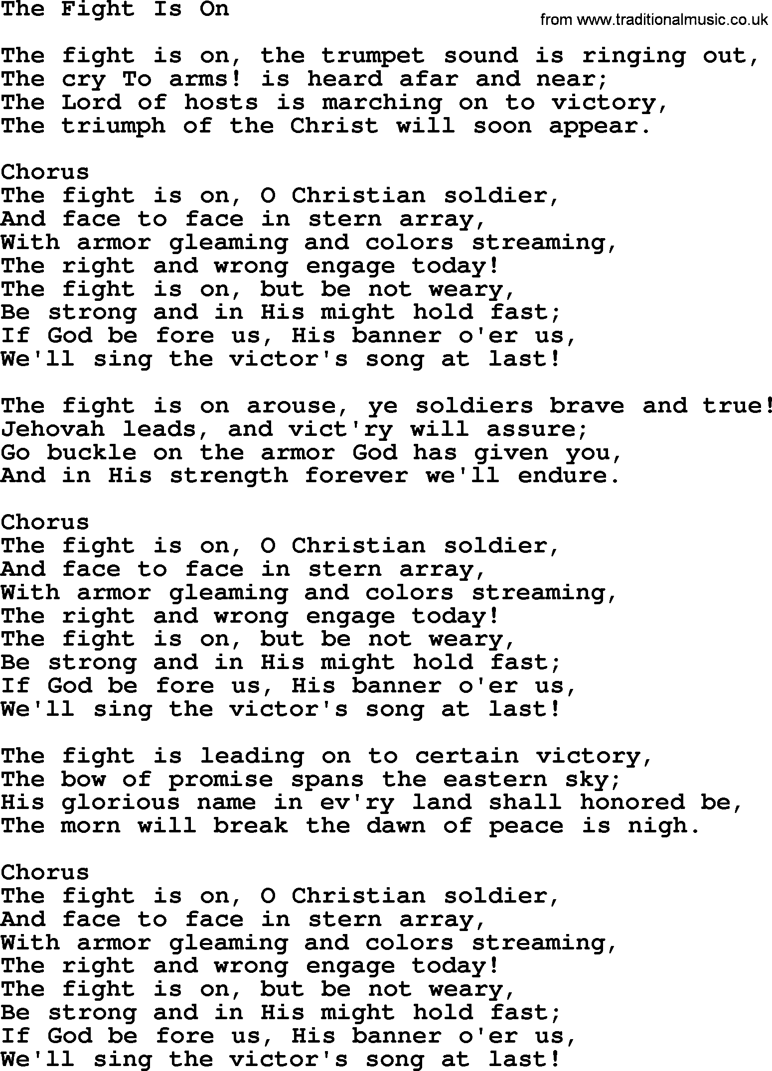 Baptist Hymnal Hymn: The Fight Is On, lyrics with pdf