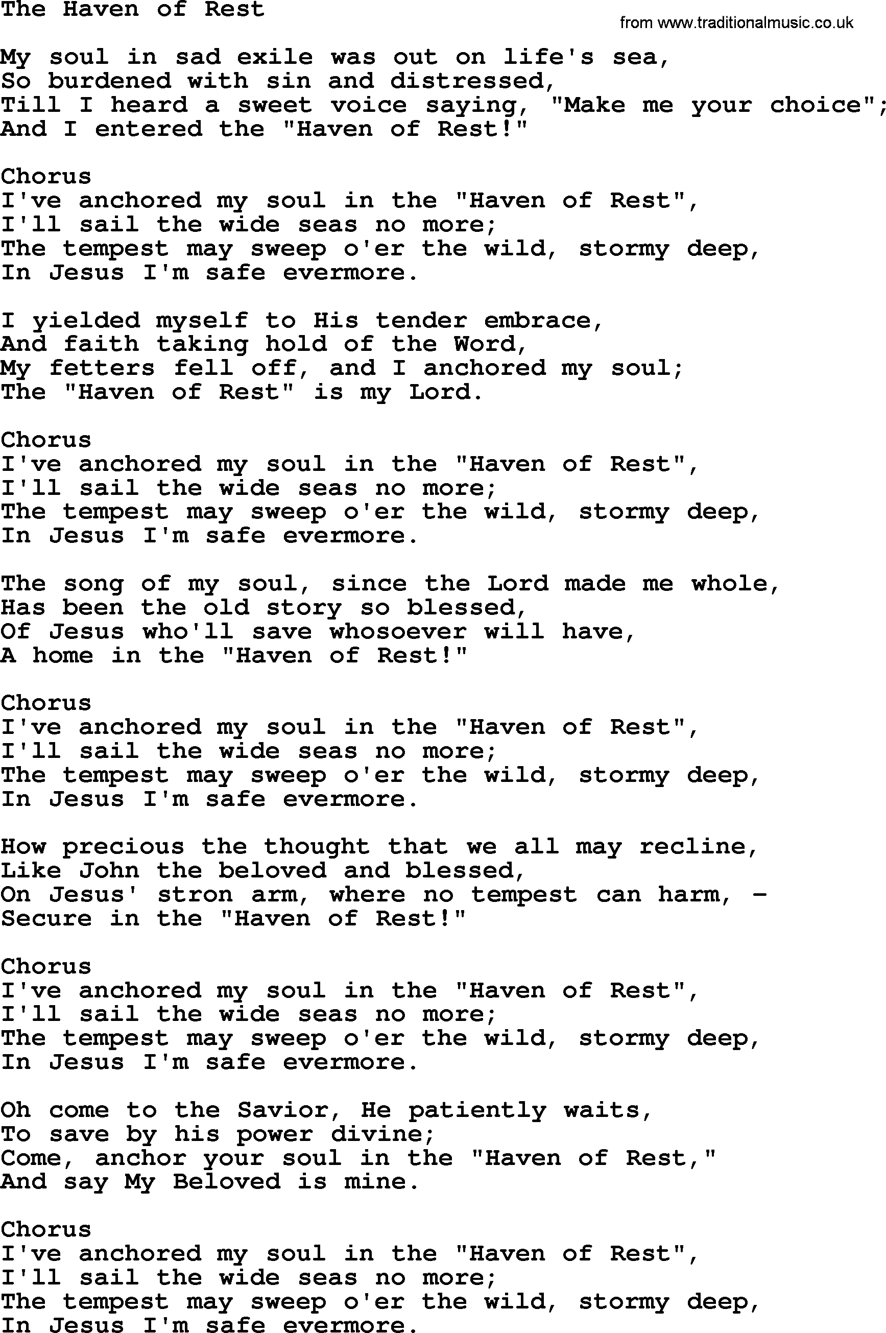 Baptist Hymnal Hymn: The Haven Of Rest, lyrics with pdf
