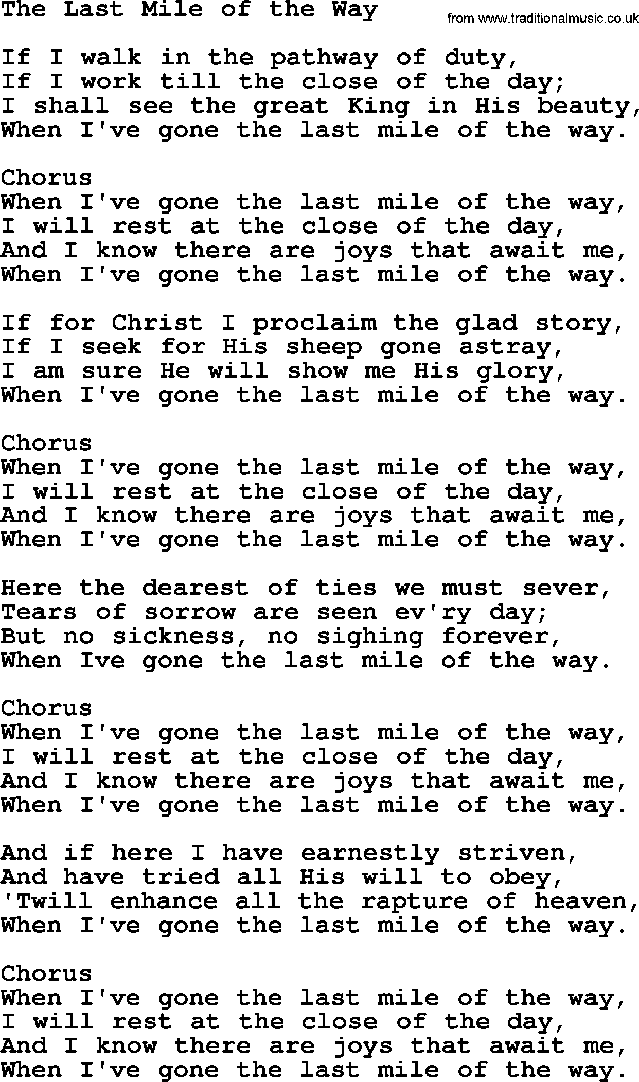 Baptist Hymnal Hymn: The Last Mile Of The Way, lyrics with pdf