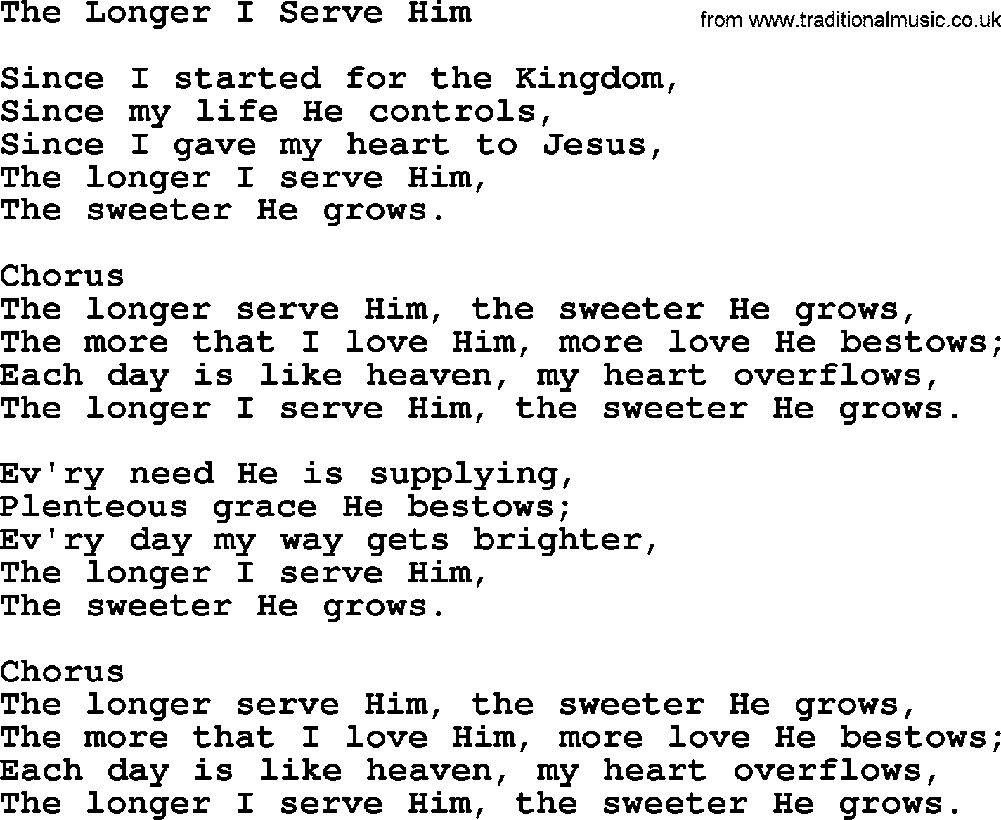 Baptist Hymnal Hymn: The Longer I Serve Him, lyrics with pdf
