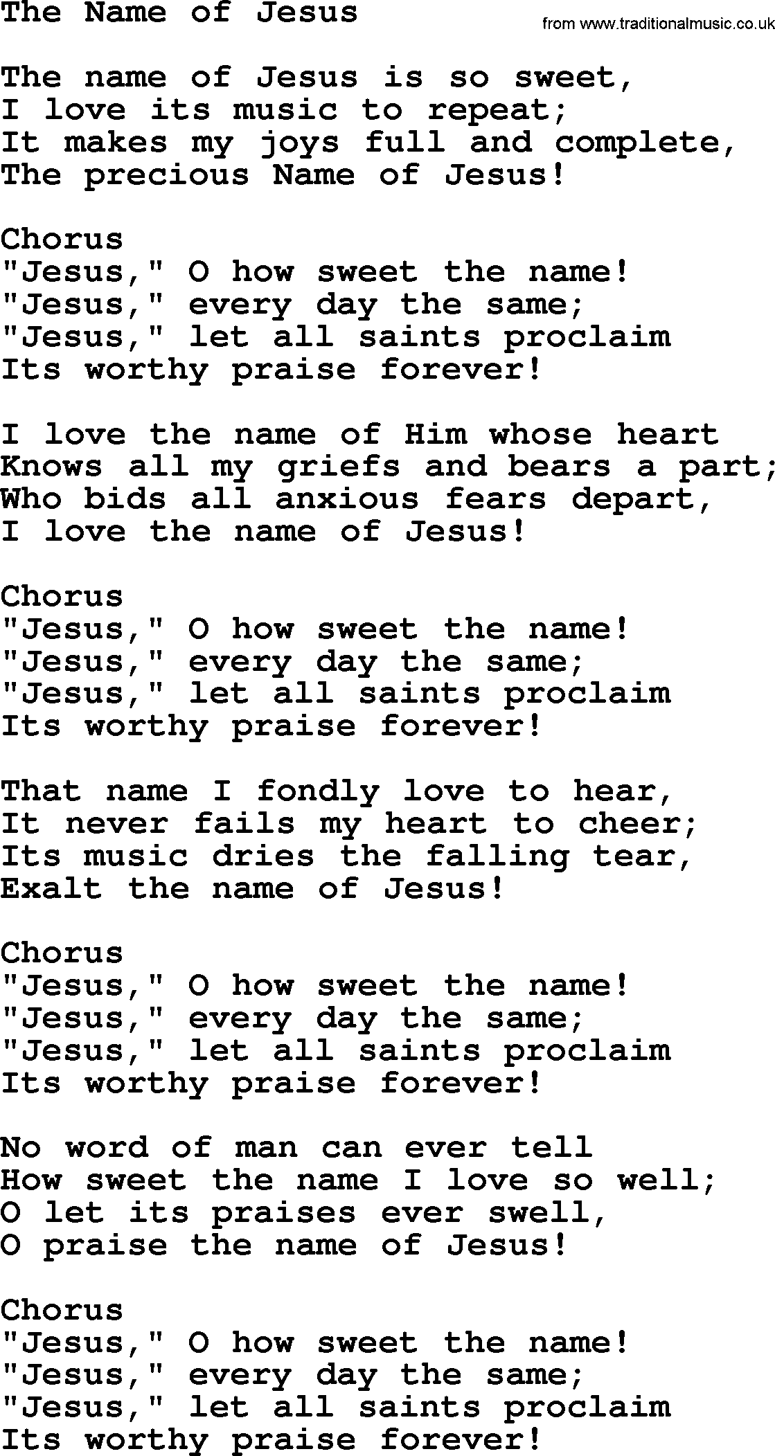 Baptist Hymnal Hymn: The Name Of Jesus, lyrics with pdf