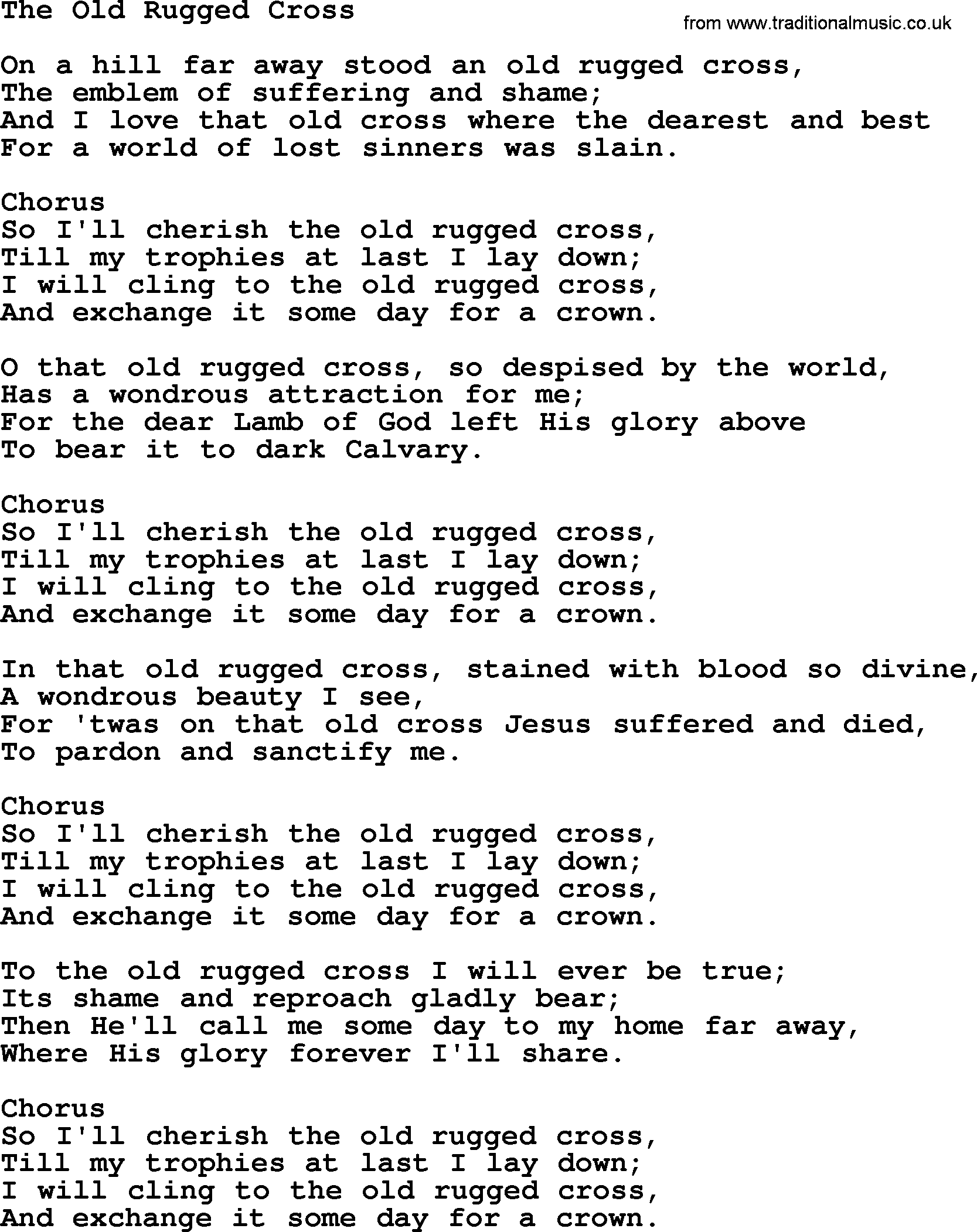 Baptist Hymnal Hymn: The Old Rugged Cross, lyrics with pdf