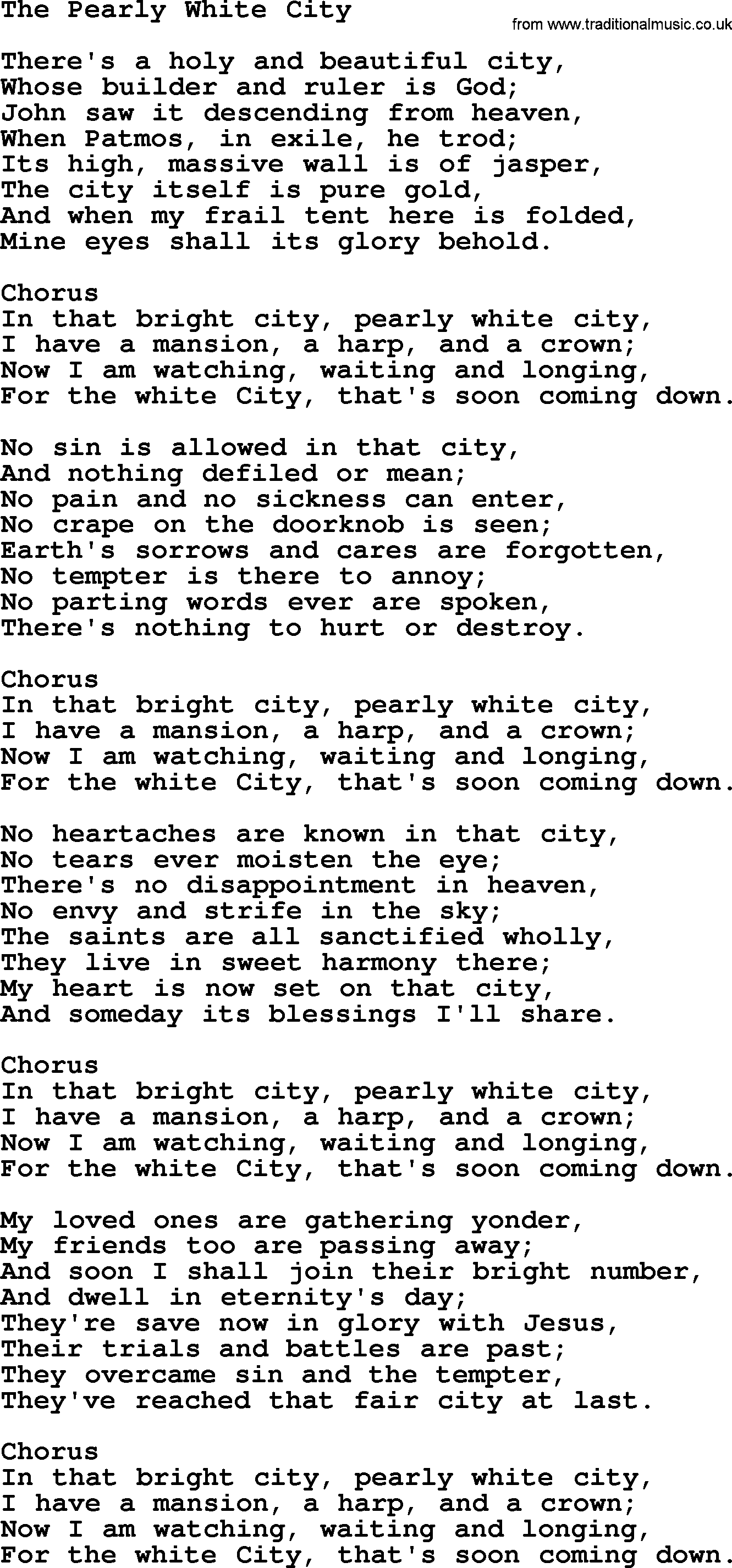 Baptist Hymnal Hymn: The Pearly White City, lyrics with pdf