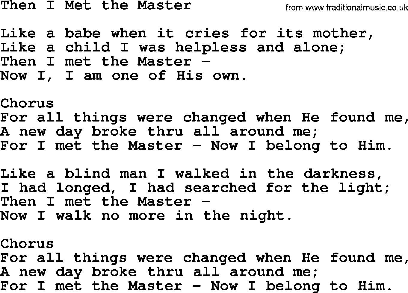 Baptist Hymnal Hymn: Then I Met The Master, lyrics with pdf