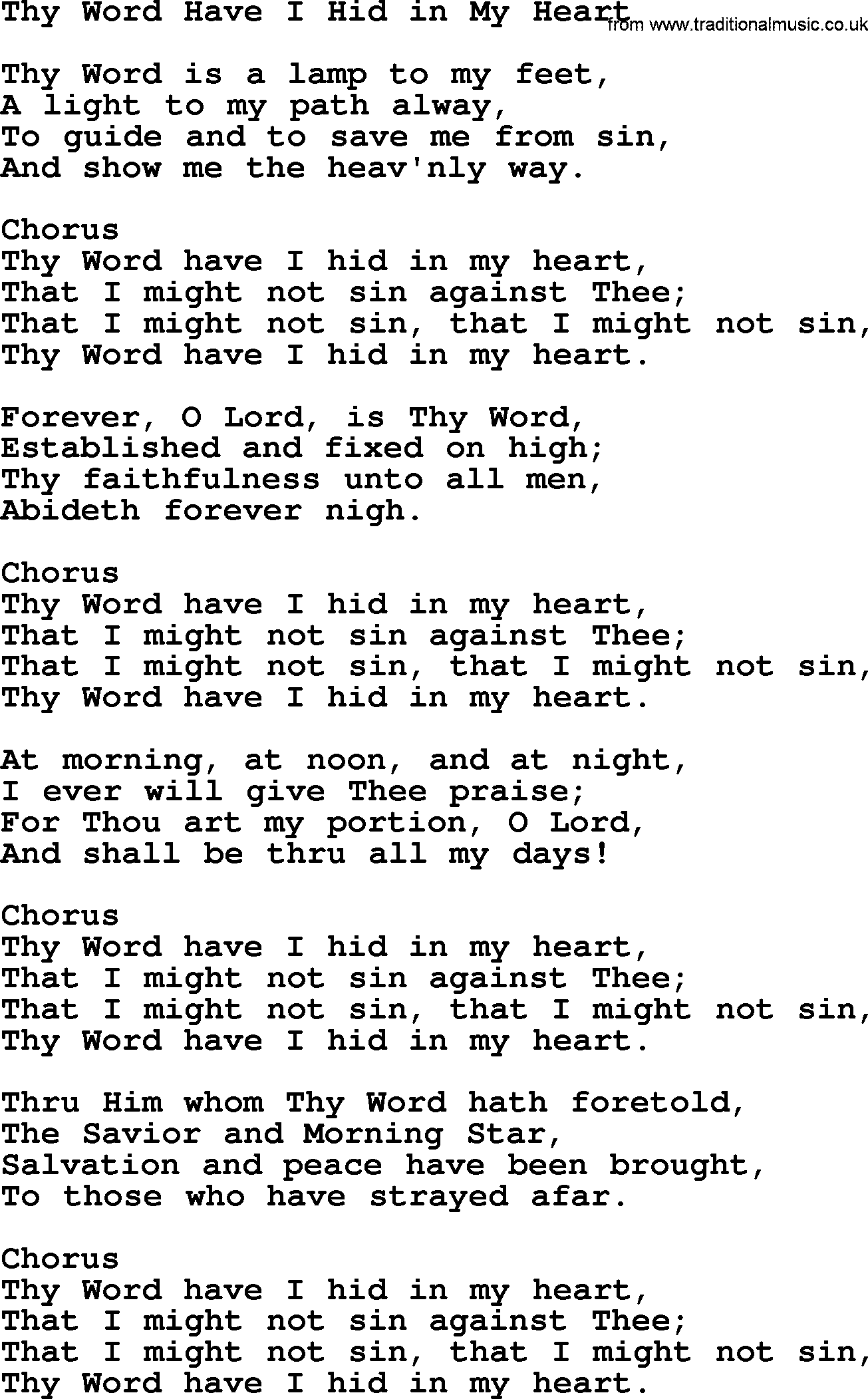 Baptist Hymnal Hymn: Thy Word Have I Hid In My Heart, lyrics with pdf