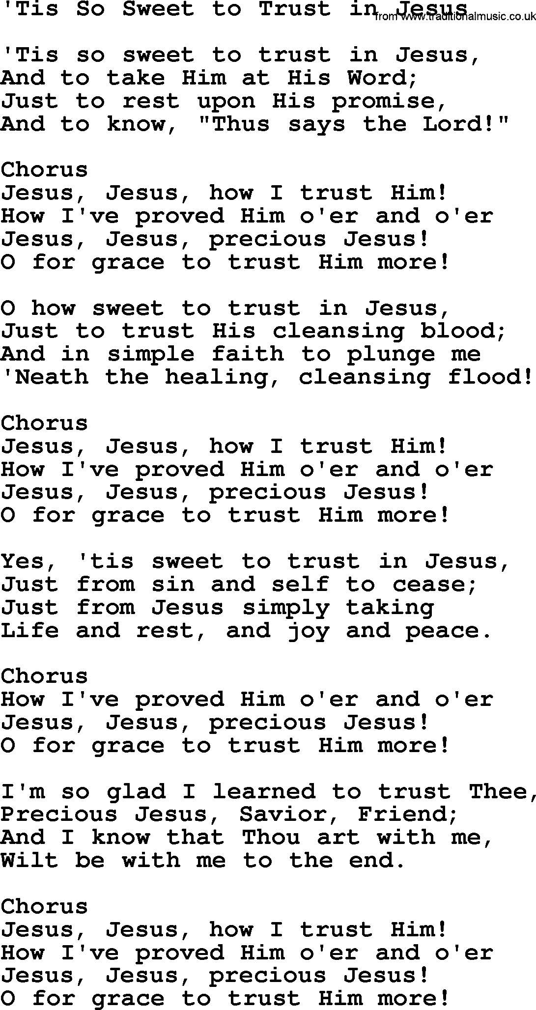 Baptist Hymnal Hymn: 'tis So Sweet To Trust In Jesus, lyrics with pdf