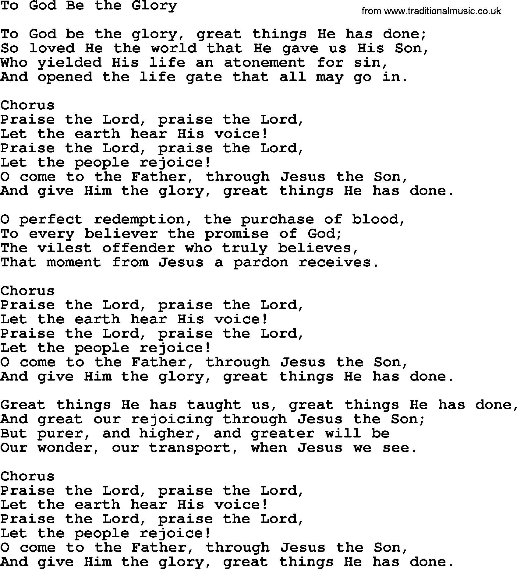 Baptist Hymnal Hymn: To God Be The Glory, lyrics with pdf