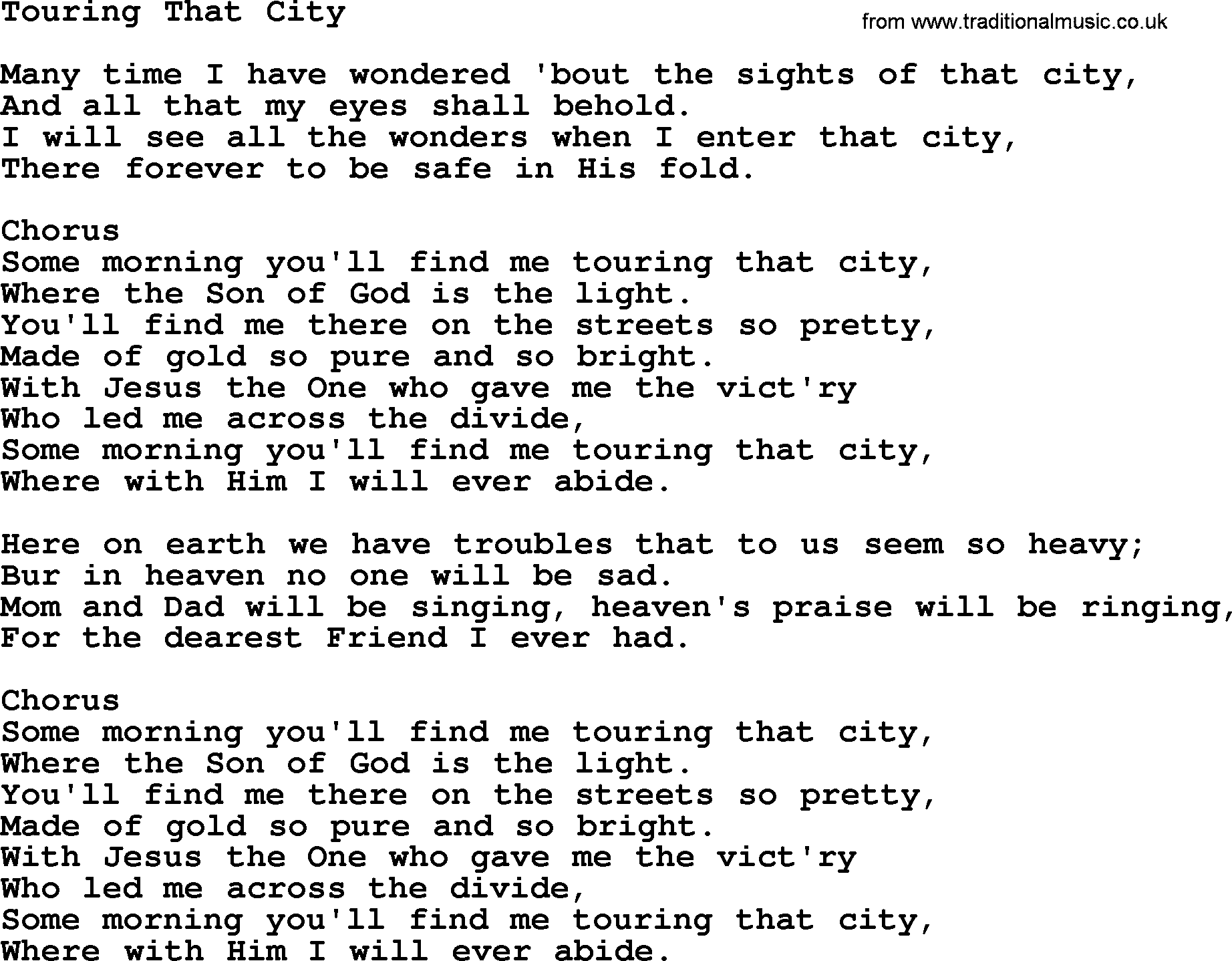 Baptist Hymnal Hymn: Touring That City, lyrics with pdf
