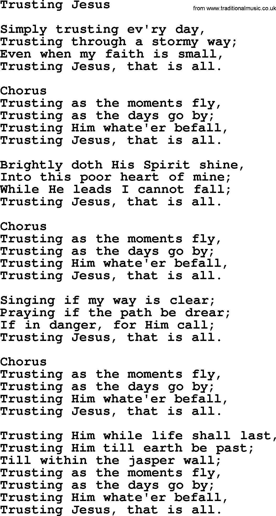 Baptist Hymnal Hymn: Trusting Jesus, lyrics with pdf