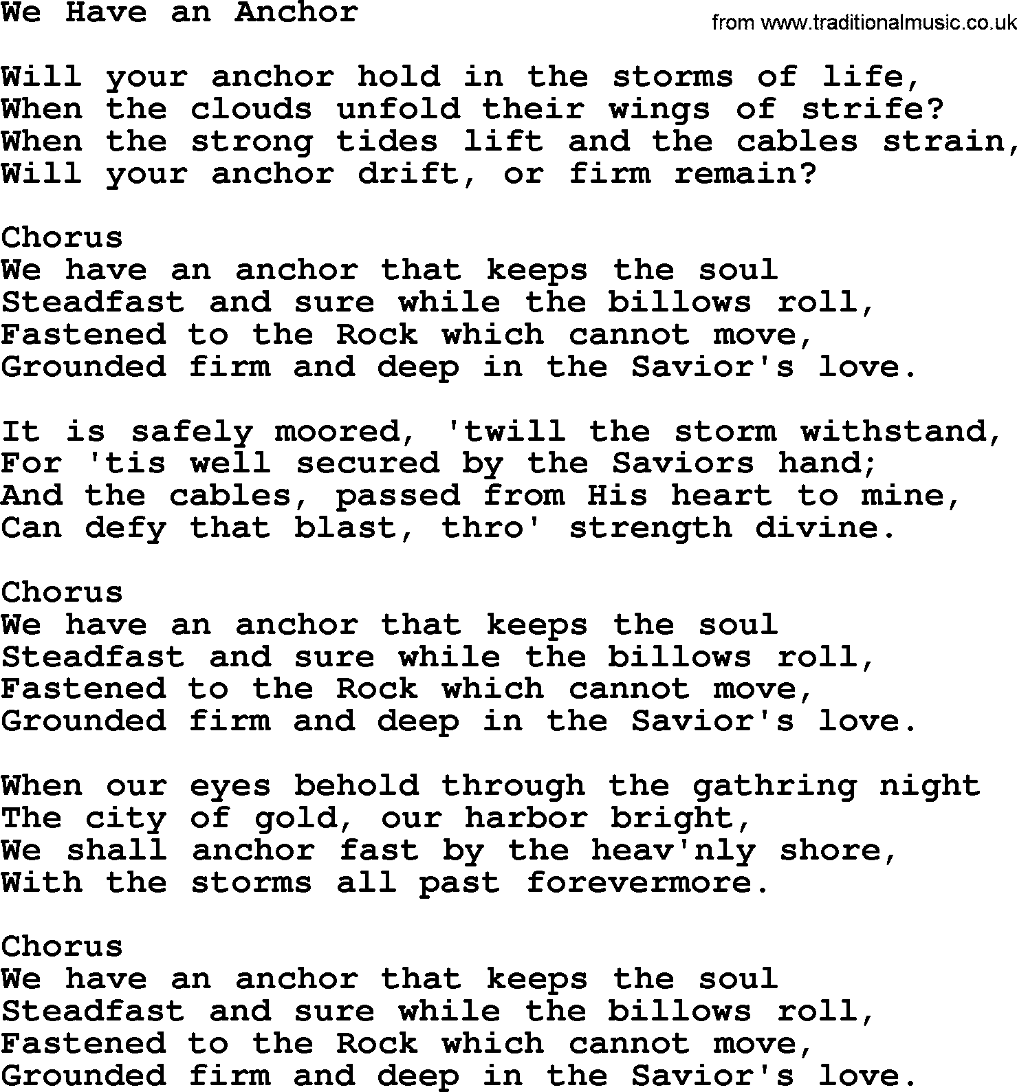 Baptist Hymnal Hymn: We Have An Anchor, lyrics with pdf