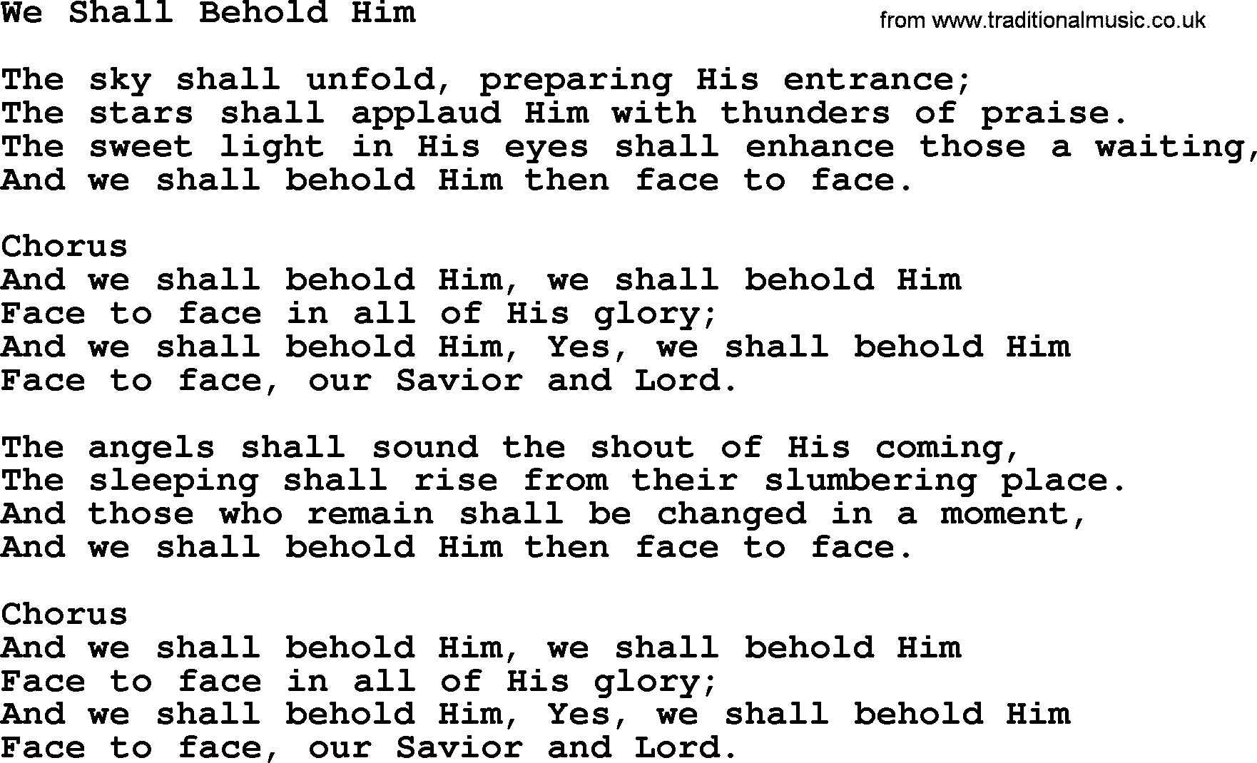 Baptist Hymnal Hymn: We Shall Behold Him, lyrics with pdf