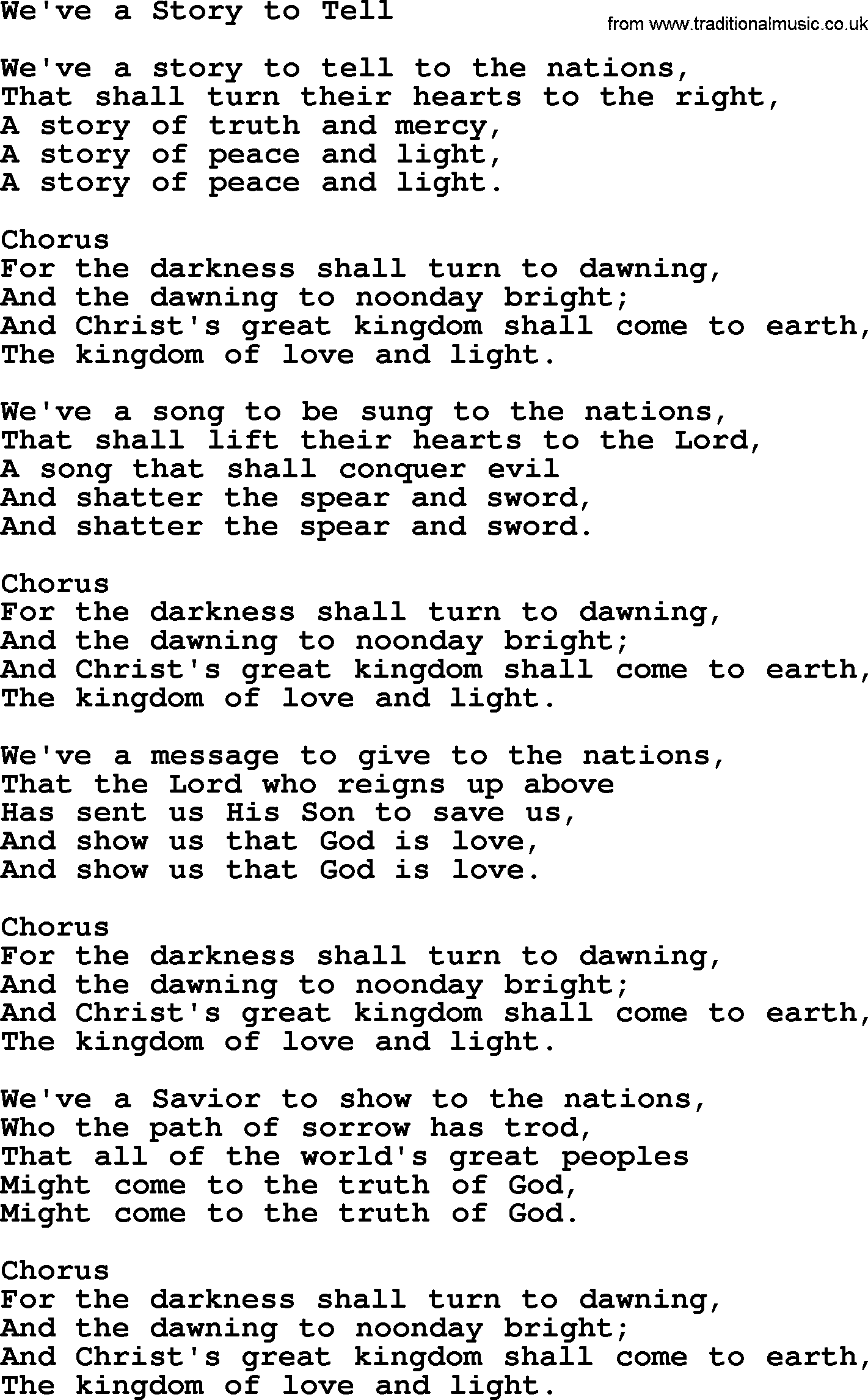Baptist Hymnal Hymn: We've A Story To Tell, lyrics with pdf