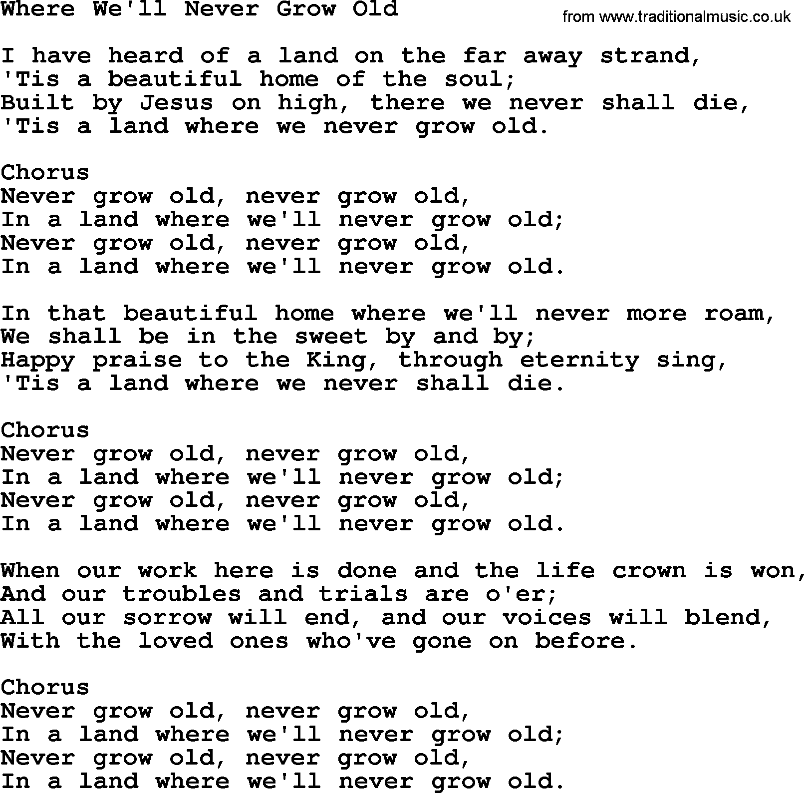 Baptist Hymnal Hymn: Where We'll Never Grow Old, lyrics with pdf