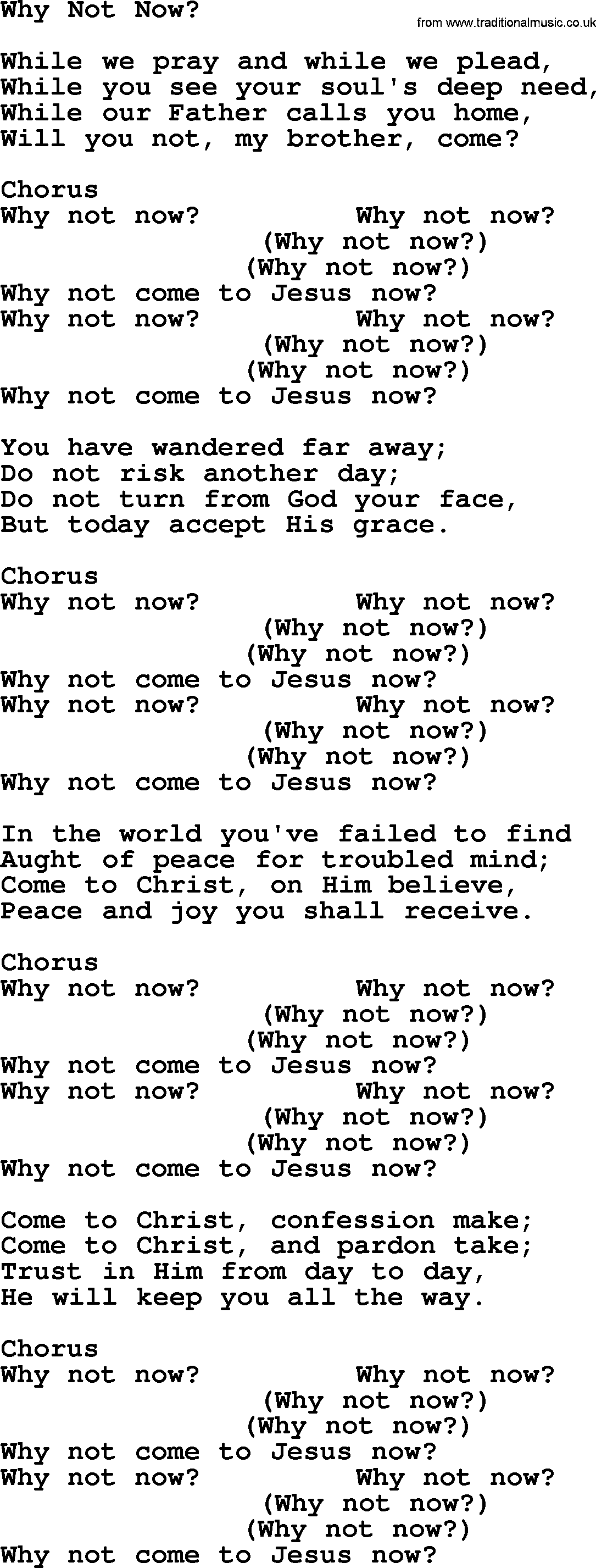 Baptist Hymnal Hymn: Why Not Now, lyrics with pdf