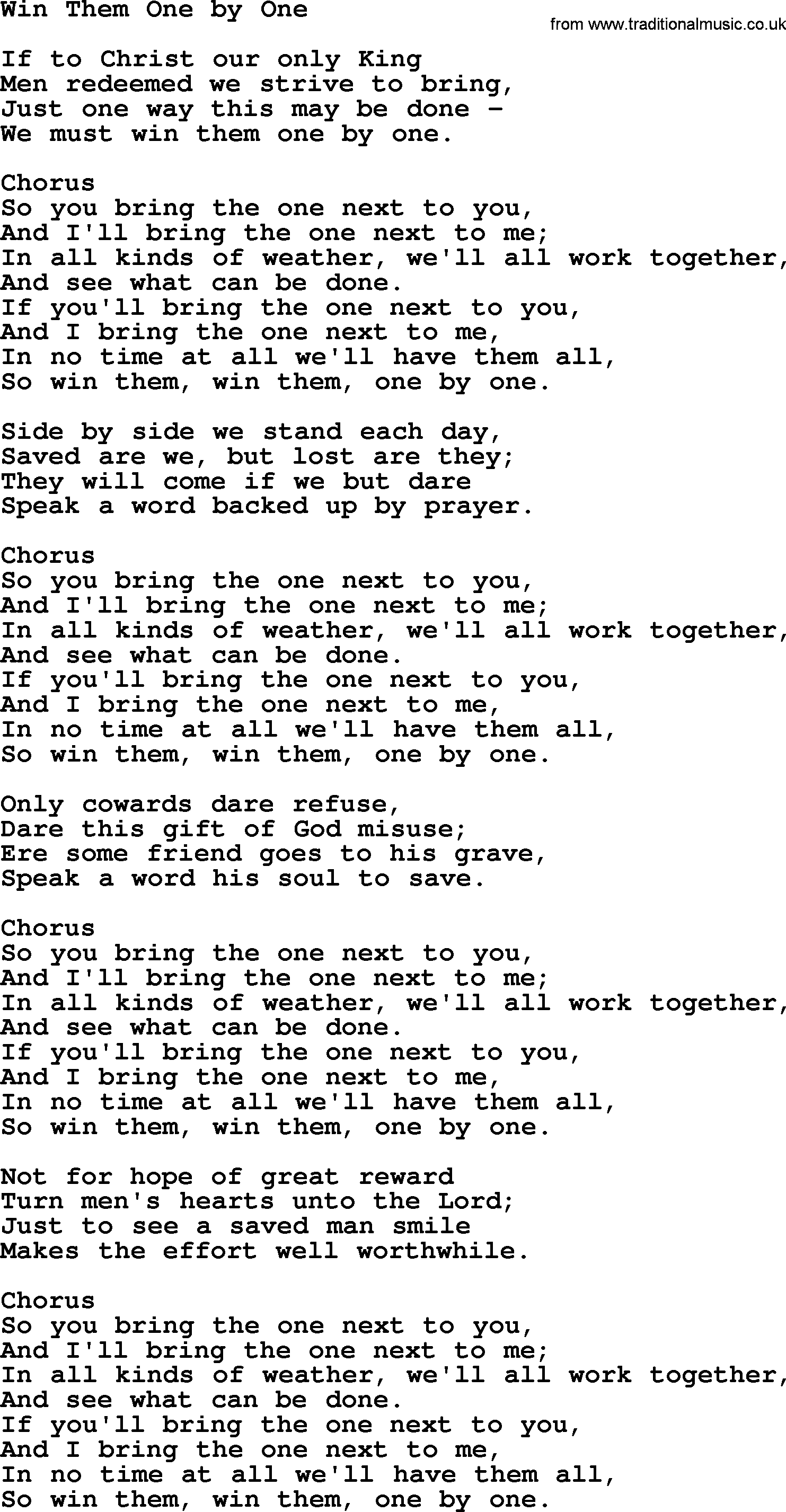 Baptist Hymnal Hymn: Win Them One By One, lyrics with pdf