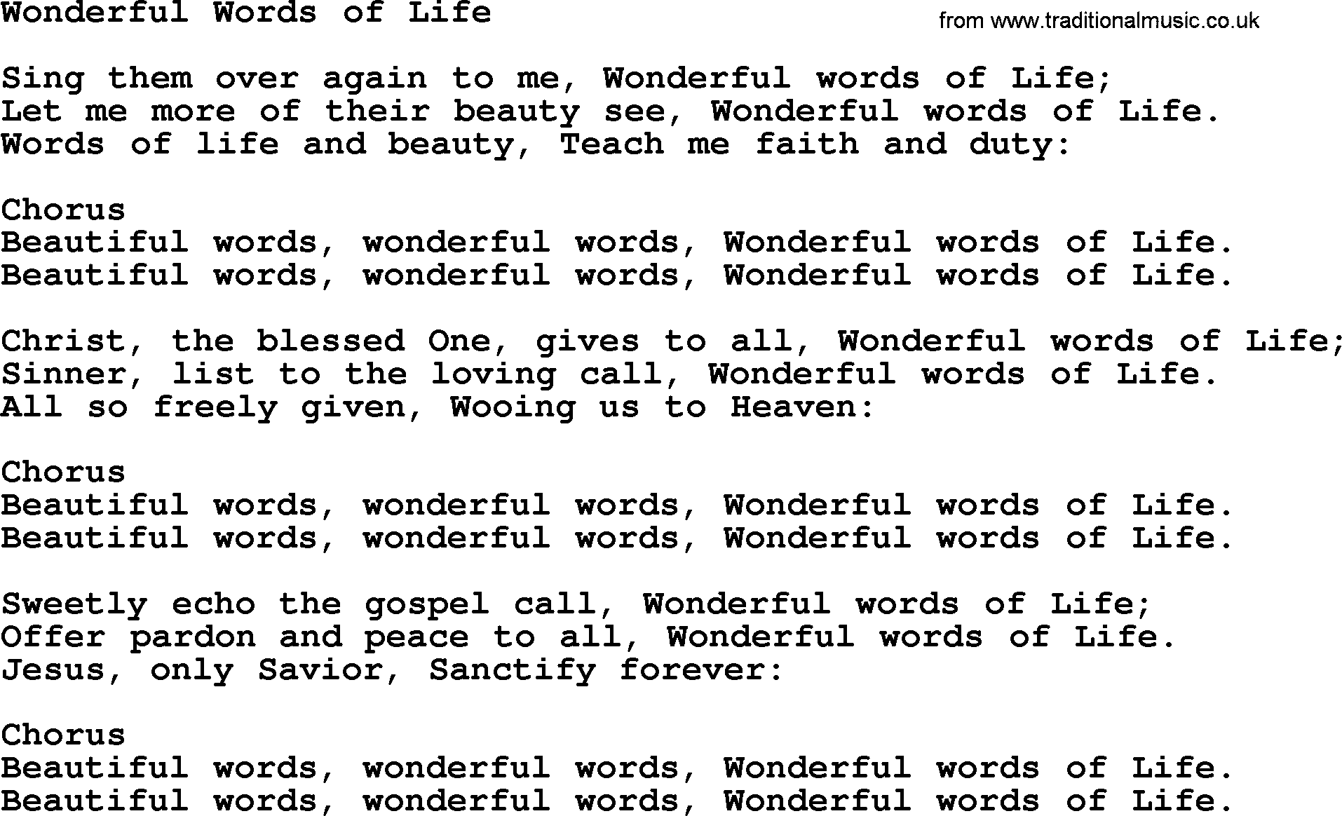 Baptist Hymnal Hymn: Wonderful Words Of Life, lyrics with pdf