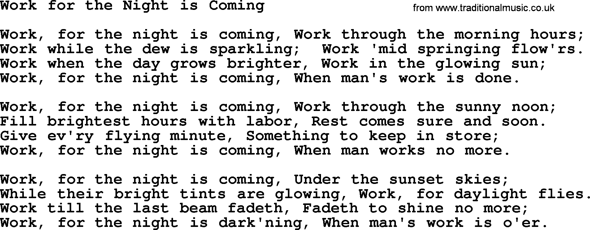 Baptist Hymnal Hymn: Work For The Night Is Coming, lyrics with pdf