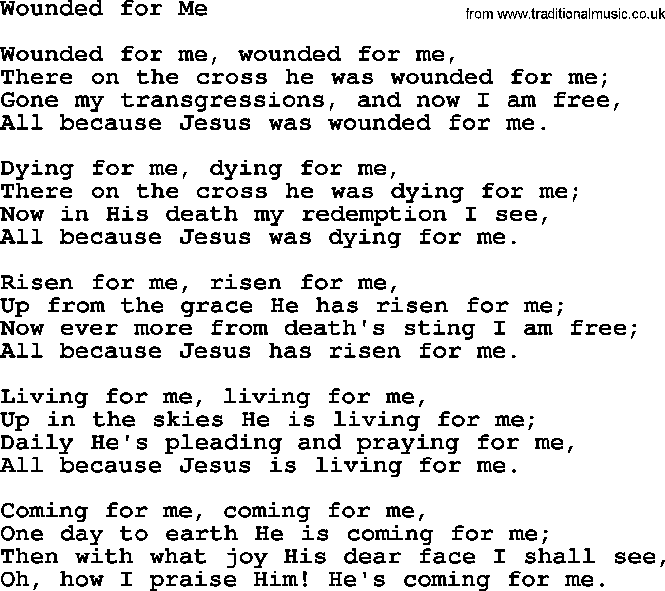 Baptist Hymnal Hymn: Wounded For Me, lyrics with pdf