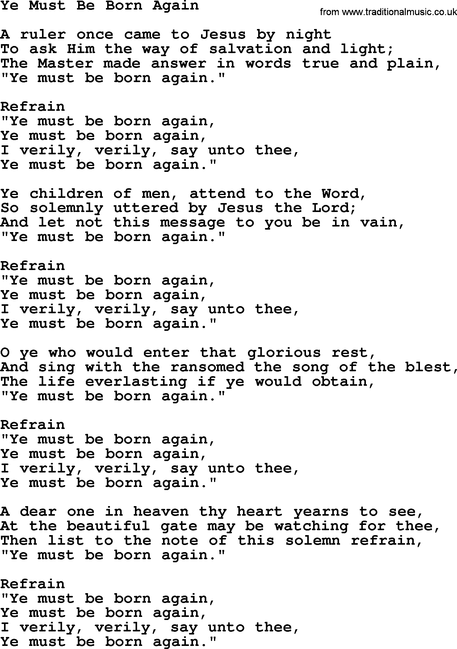 Baptist Hymnal Hymn: Ye Must Be Born Again, lyrics with pdf