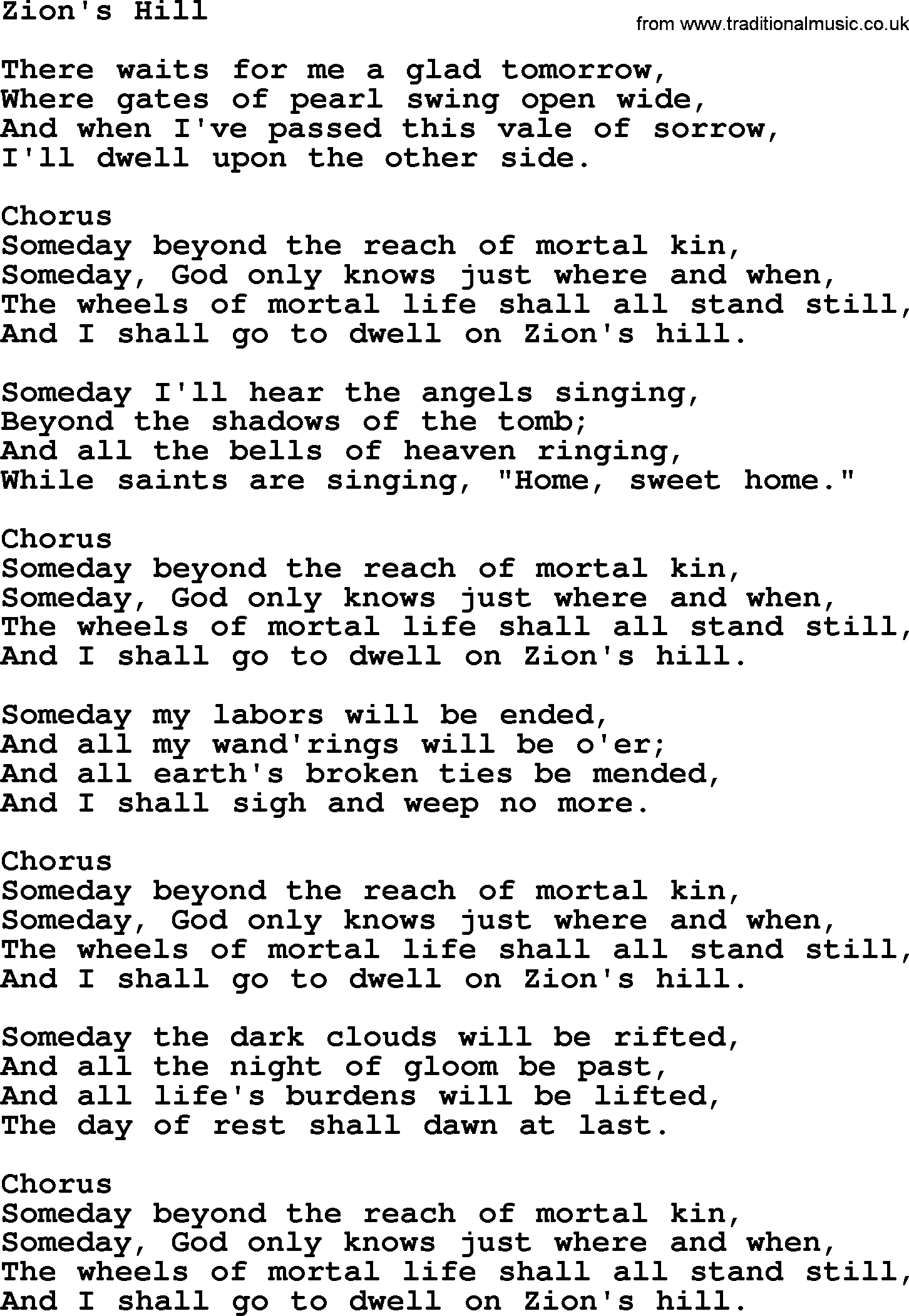 Baptist Hymnal Hymn: Zion's Hill, lyrics with pdf