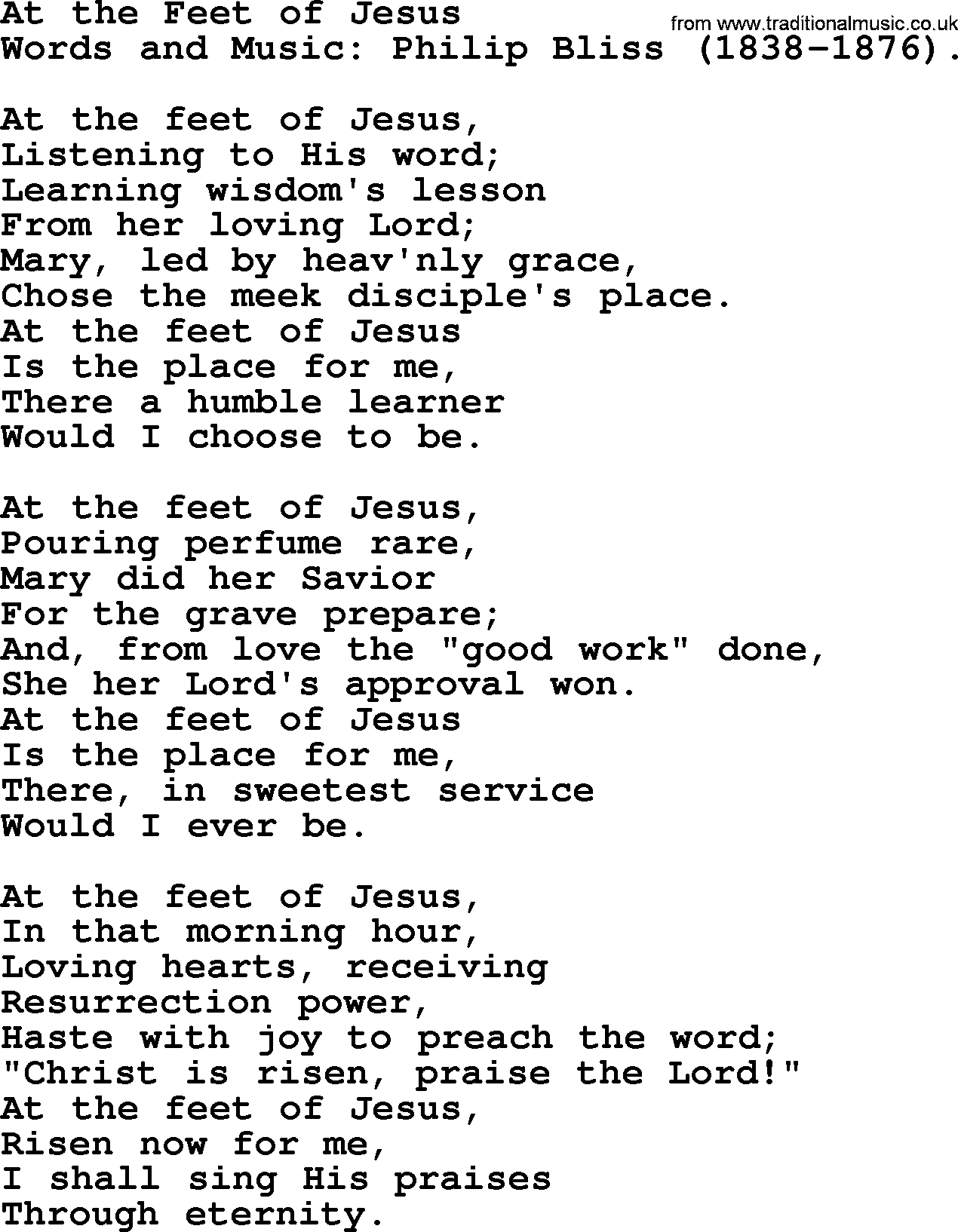 Philip Bliss Song: At The Feet Of Jesus, lyrics