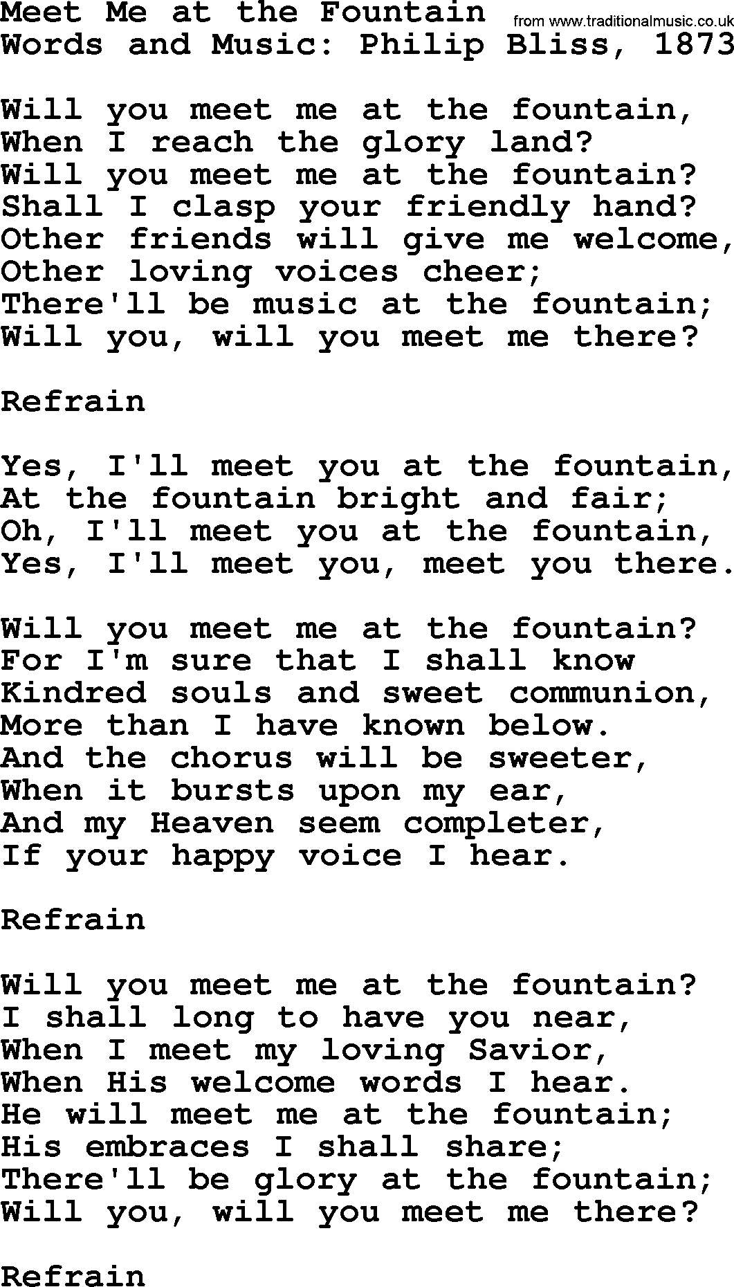 Philip Bliss Song: Meet Me At The Fountain, lyrics