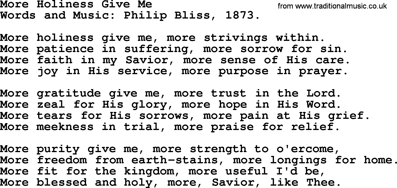 Philip Bliss Song: More Holiness Give Me, lyrics
