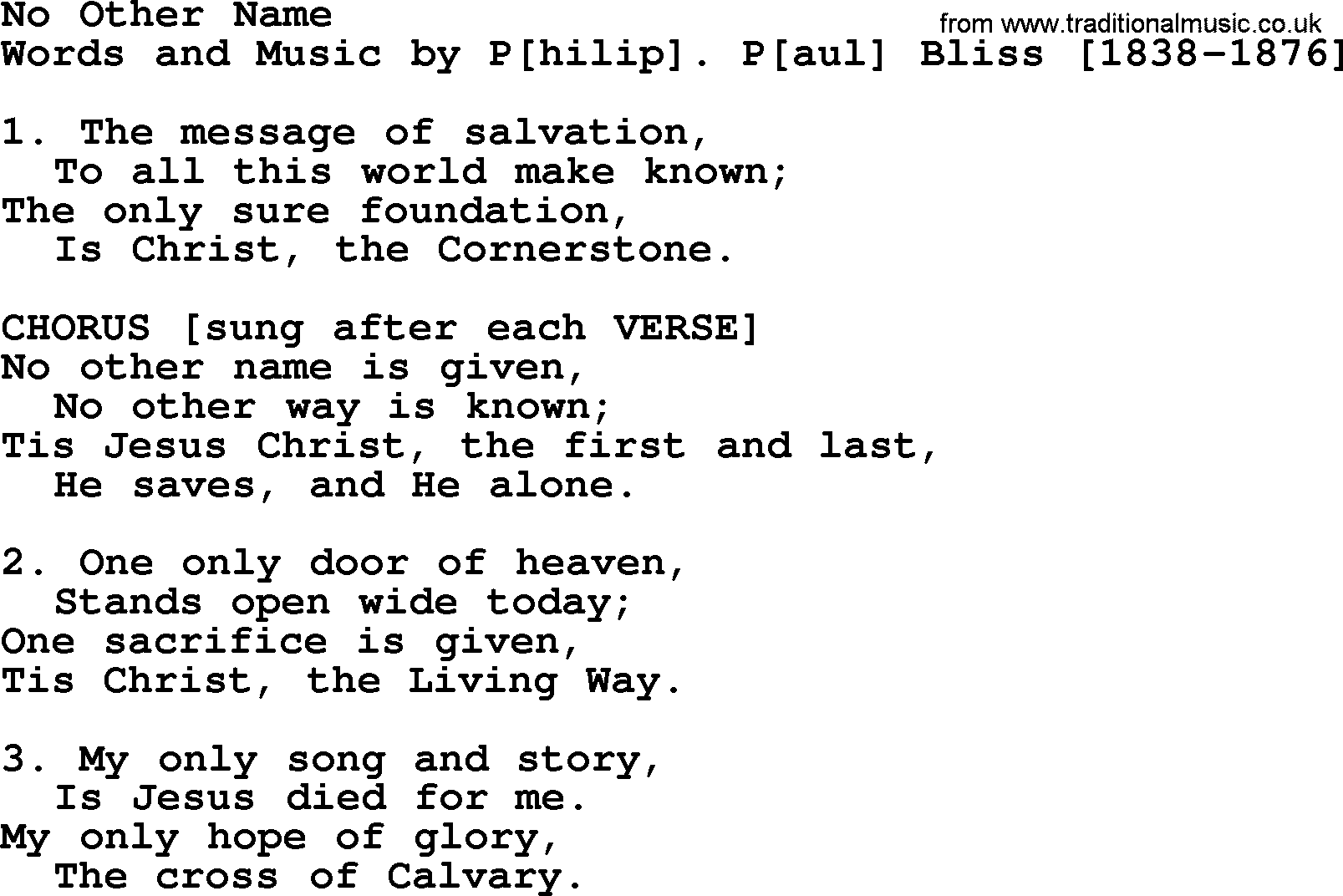 Philip Bliss Song: No Other Name, lyrics