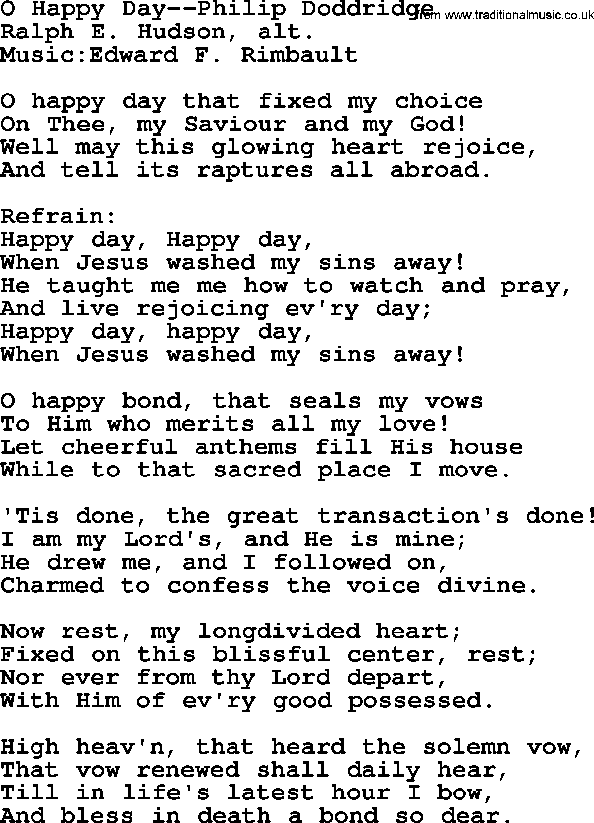 Philip Bliss Song: O Happy Day, lyrics