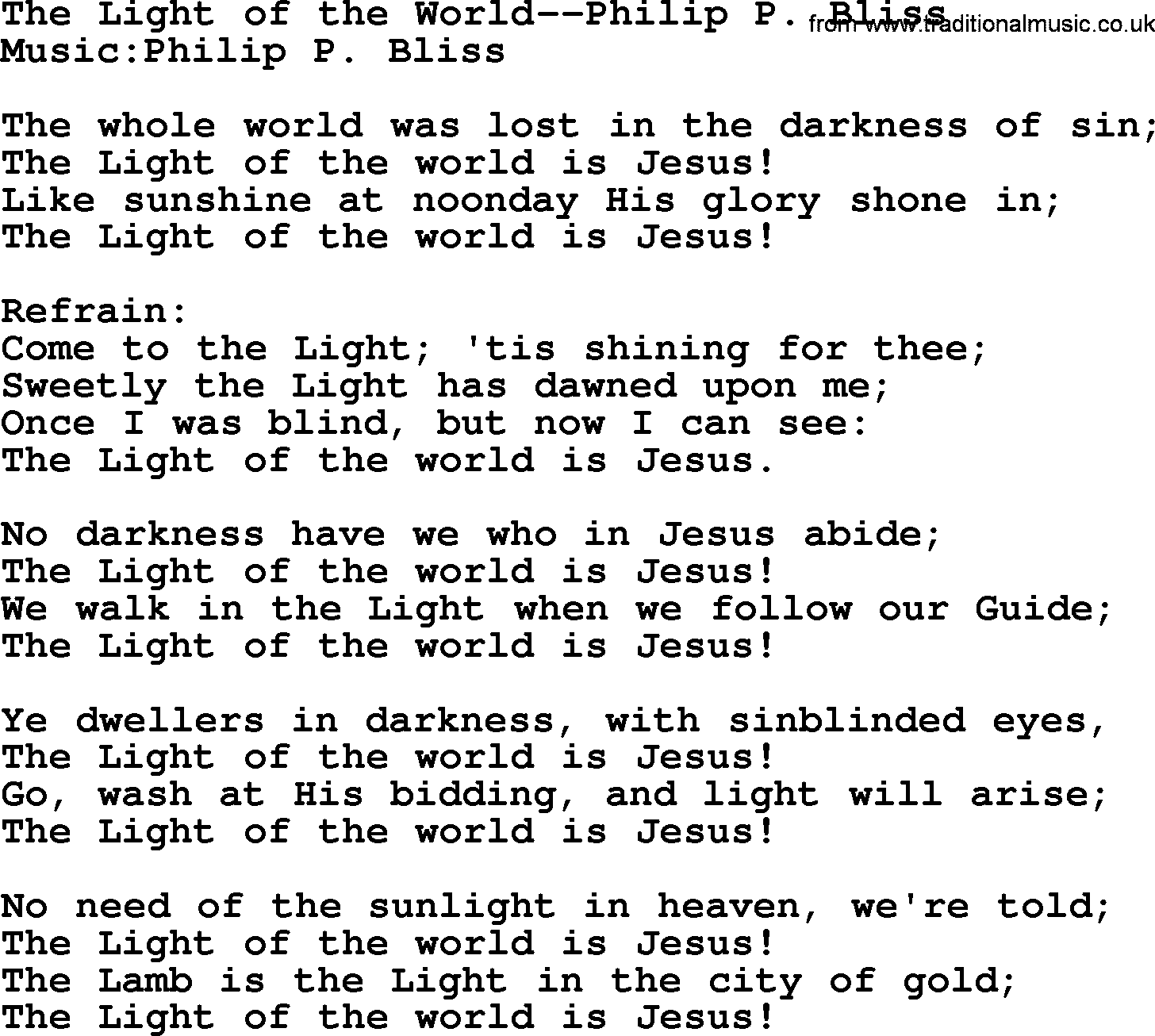 Philip Bliss Song: The Light Of The World, lyrics