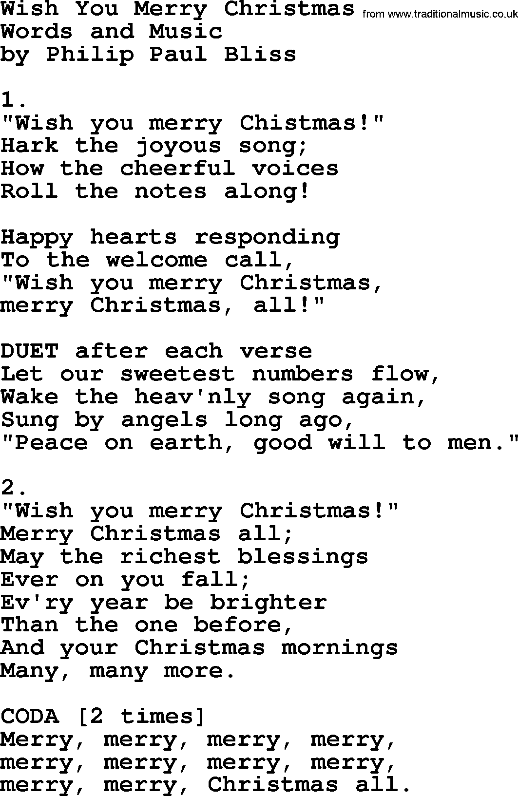 Philip Bliss Song: Wish You Merry Christmas, lyrics