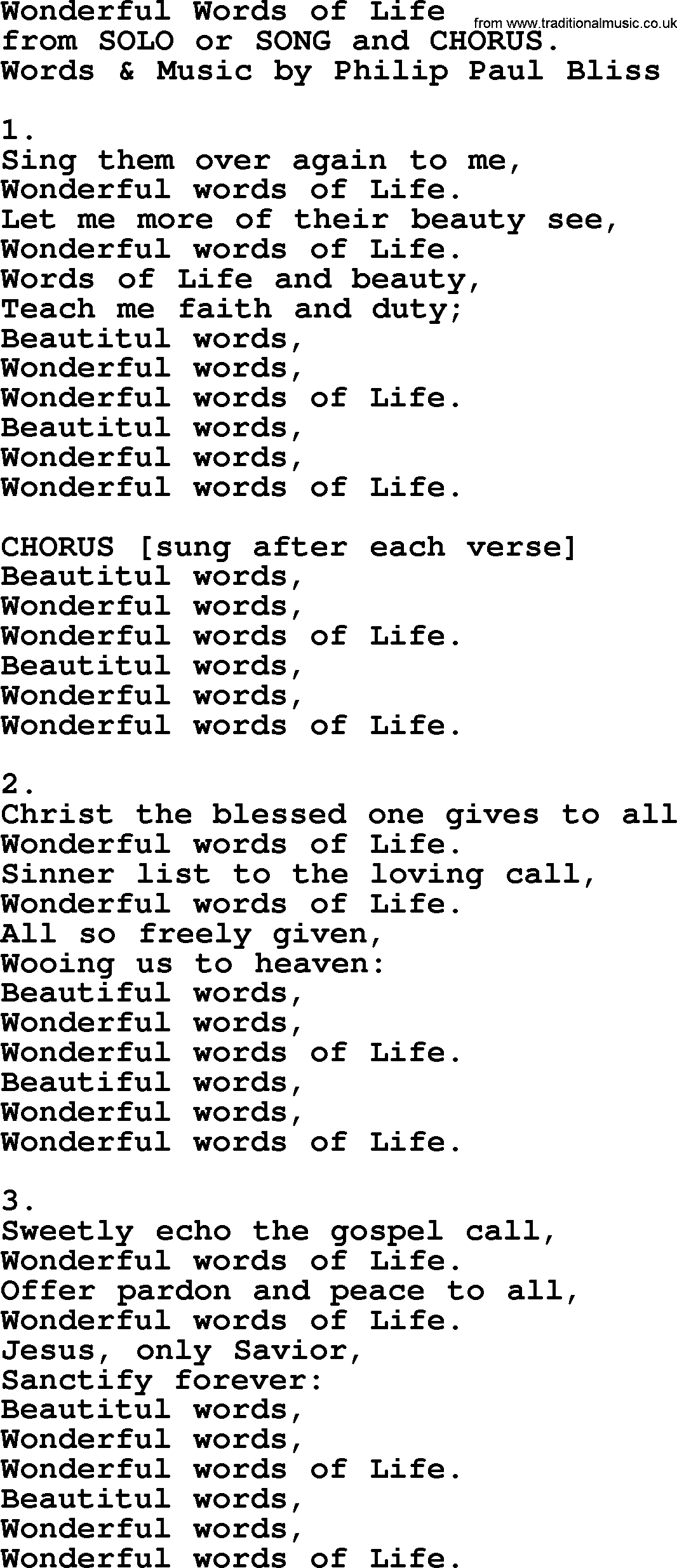 Philip Bliss Song: Wonderful Words Of Life, lyrics