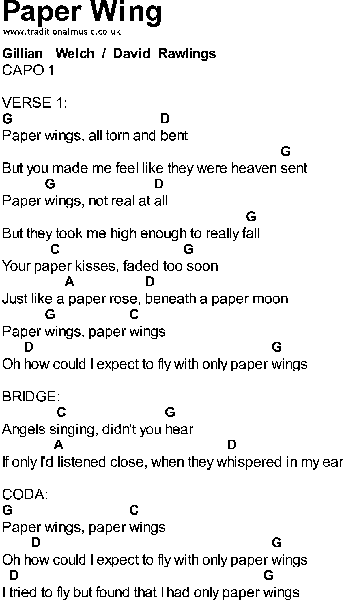 Bluegrass songs with chords - Paper Wing
