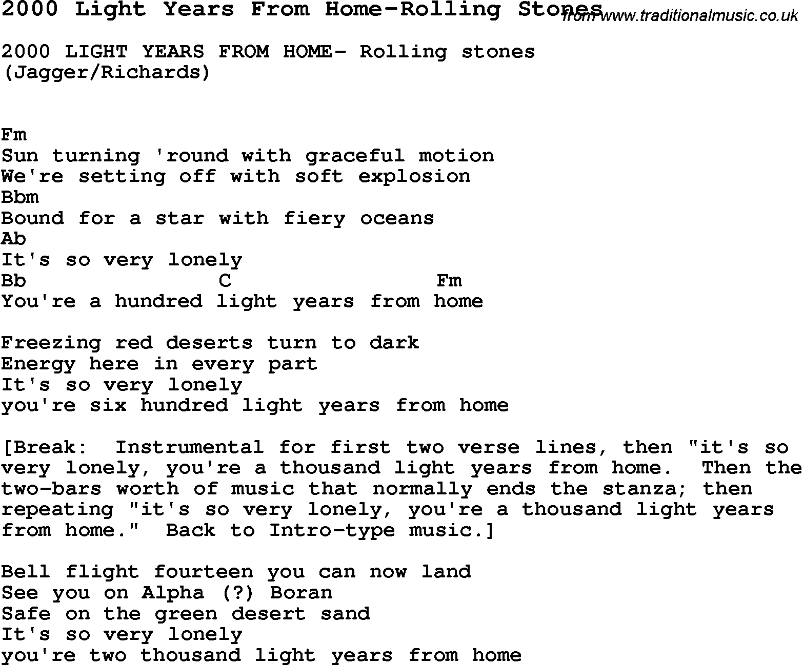Blues Guitar Song, lyrics, chords, tablature, playing hints for 2000 Light Years From Home-Rolling Stones