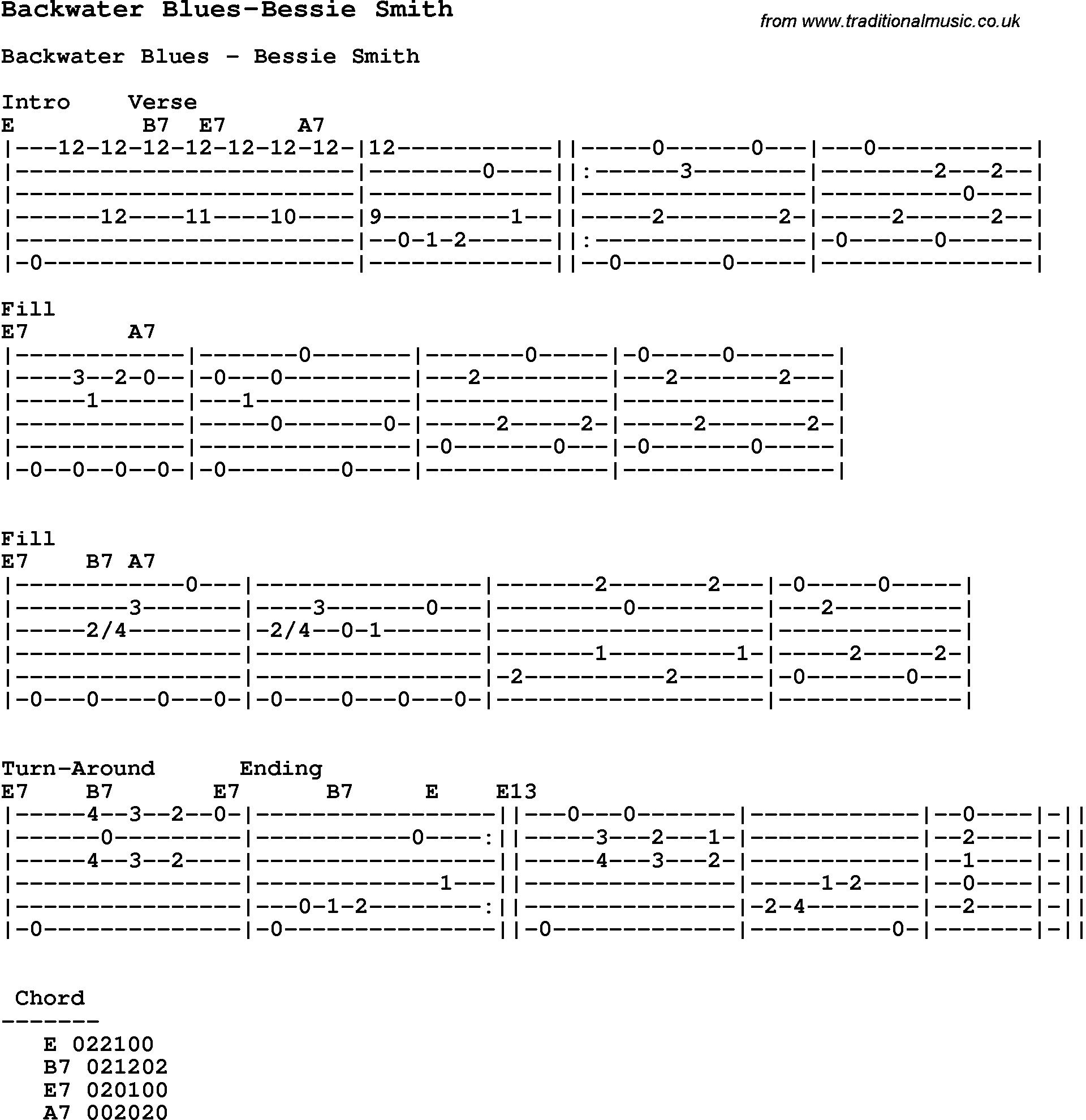 Blues Guitar Song, lyrics, chords, tablature, playing hints for Backwater Blues-Bessie Smith