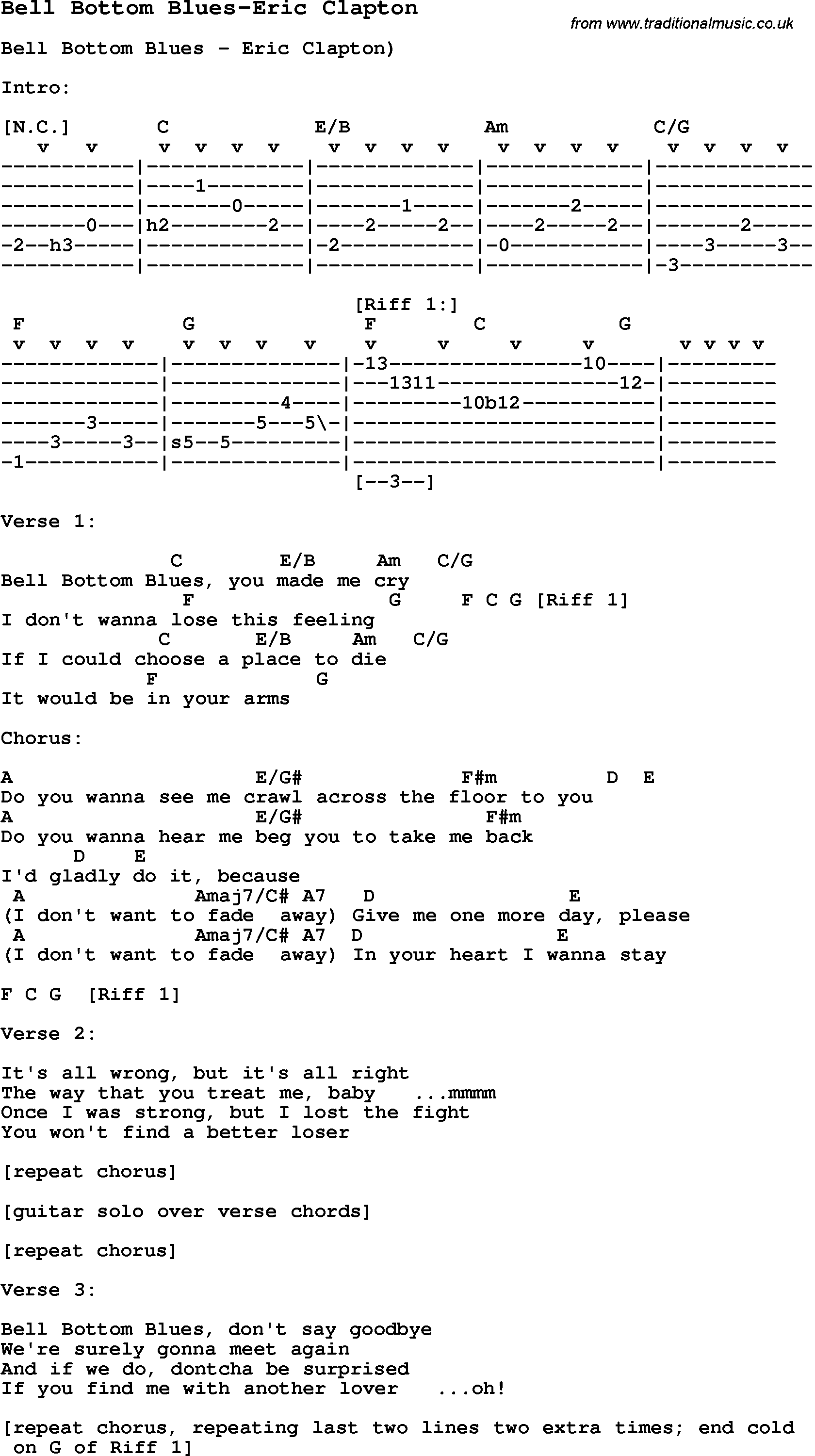 Blues Guitar Song, lyrics, chords, tablature, playing hints for Bell Bottom Blues-Eric Clapton