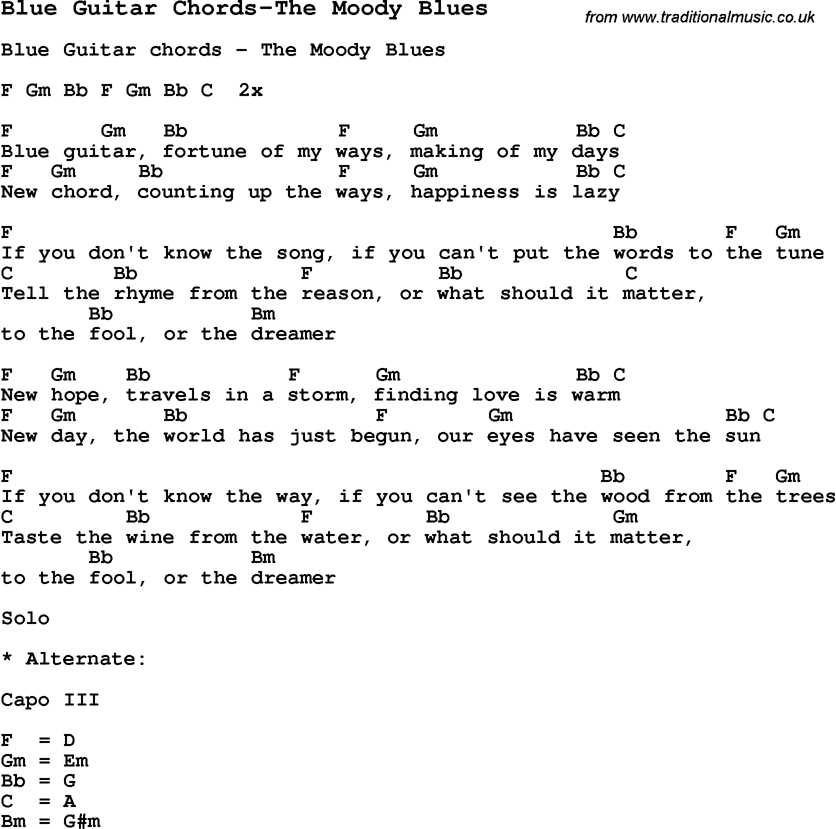 Blues Guitar Song, lyrics, chords, tablature, playing hints for Blue Guitar Chords-The Moody Blues