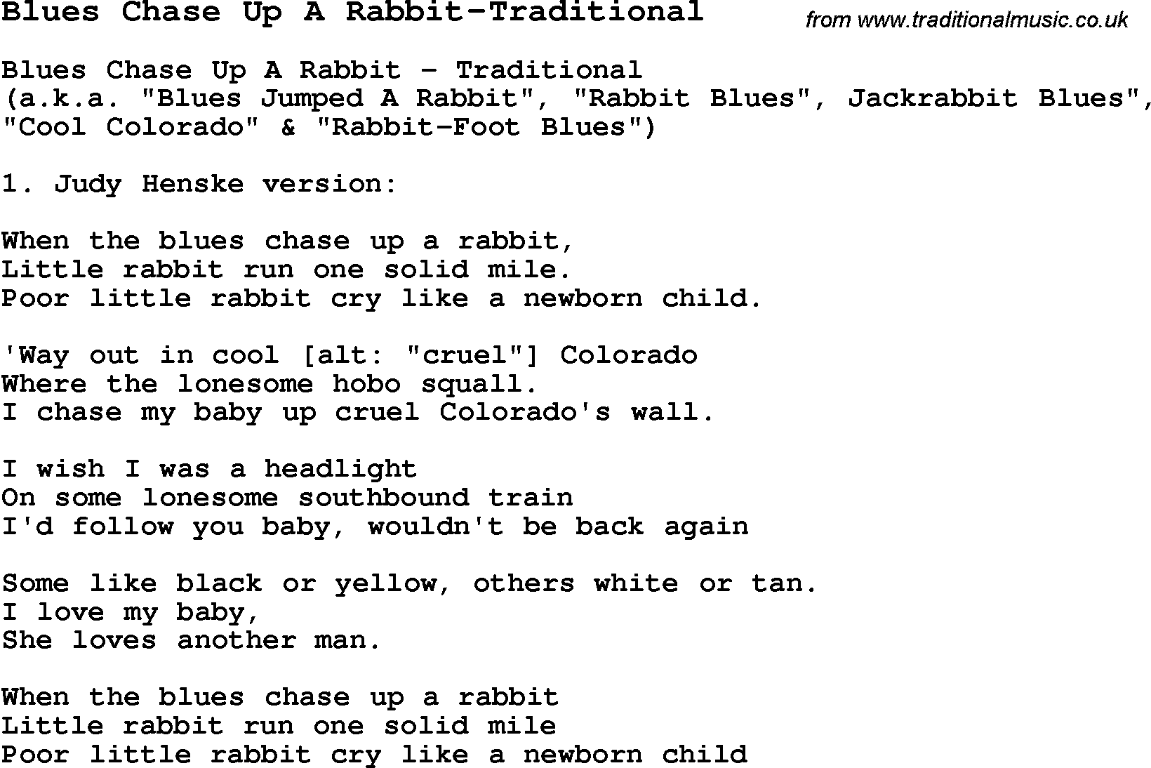 Blues Guitar Song, lyrics, chords, tablature, playing hints for Blues Chase Up A Rabbit-Traditional