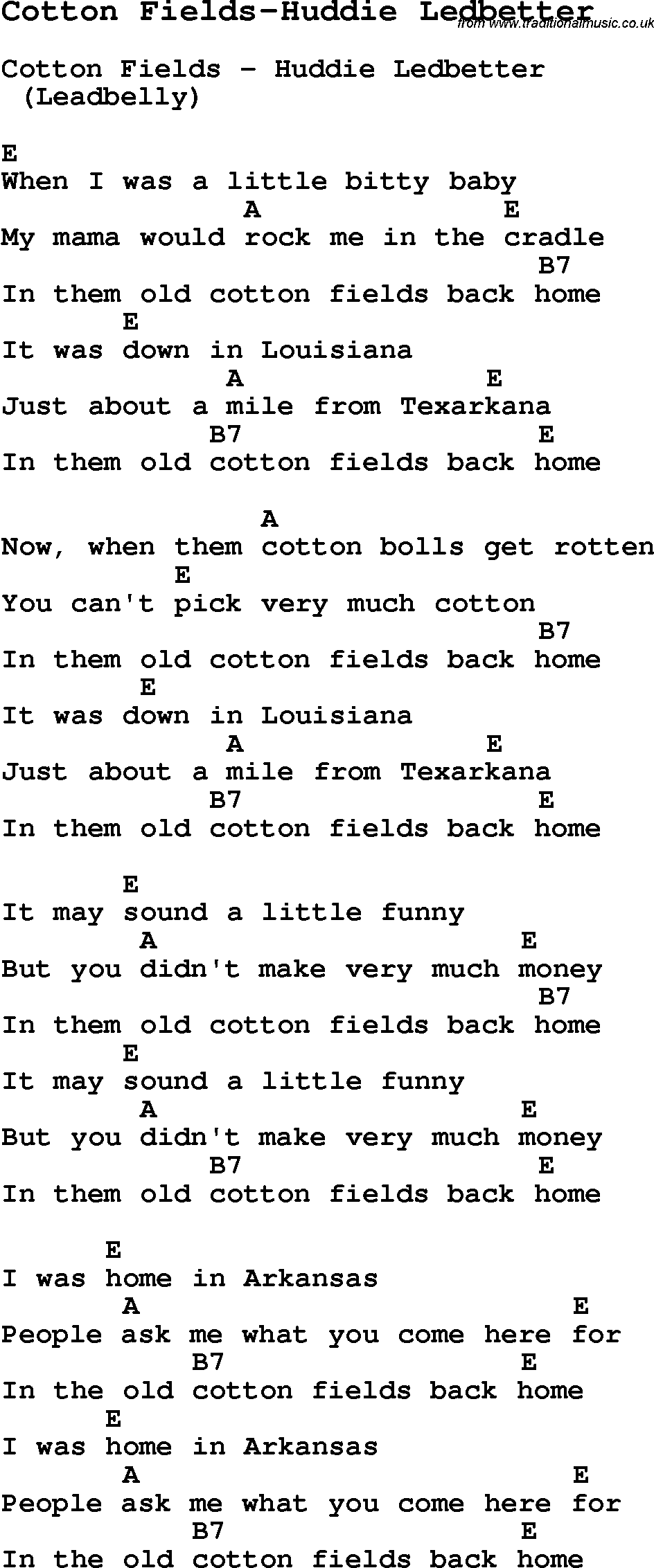 Blues Guitar Song, lyrics, chords, tablature, playing hints for Cotton Fields-Huddie Ledbetter