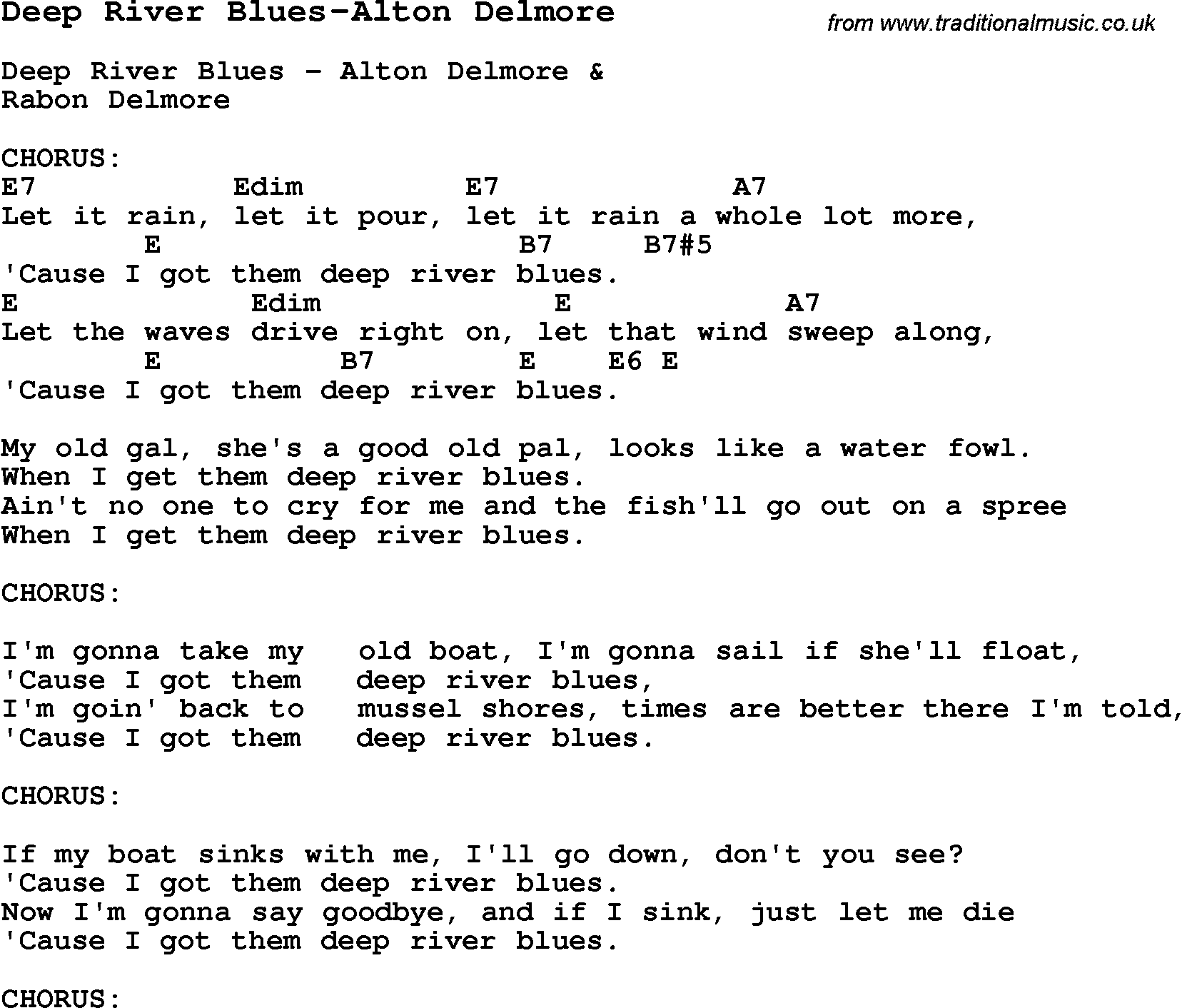 Blues Guitar Song, lyrics, chords, tablature, playing hints for Deep River Blues...