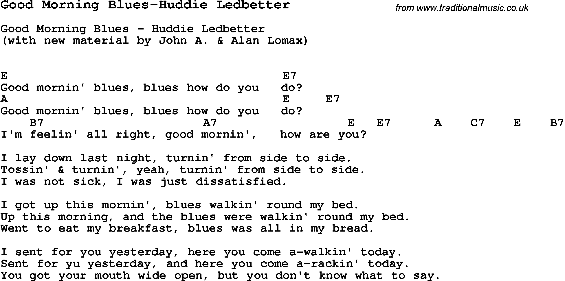 Blues Guitar Song, lyrics, chords, tablature, playing hints for Good Morning Blues-Huddie Ledbetter