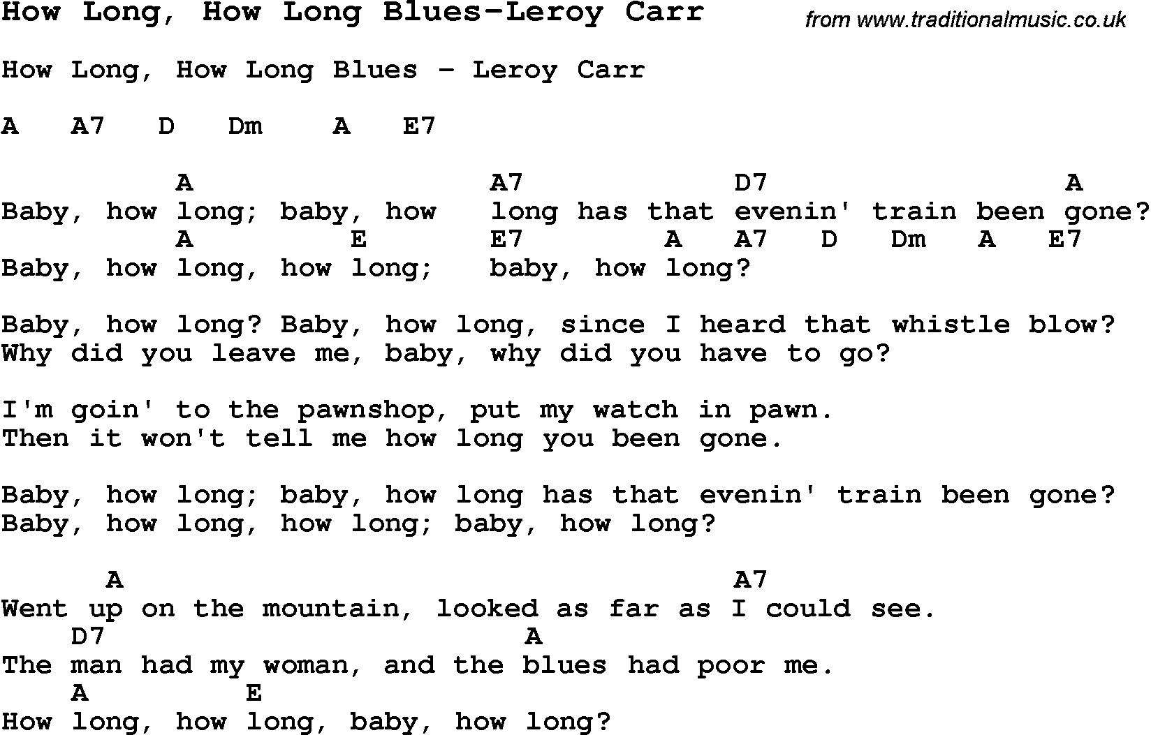 Blues Guitar Song, lyrics, chords, tablature, playing hints for How Long, How Long Blues-Leroy Carr
