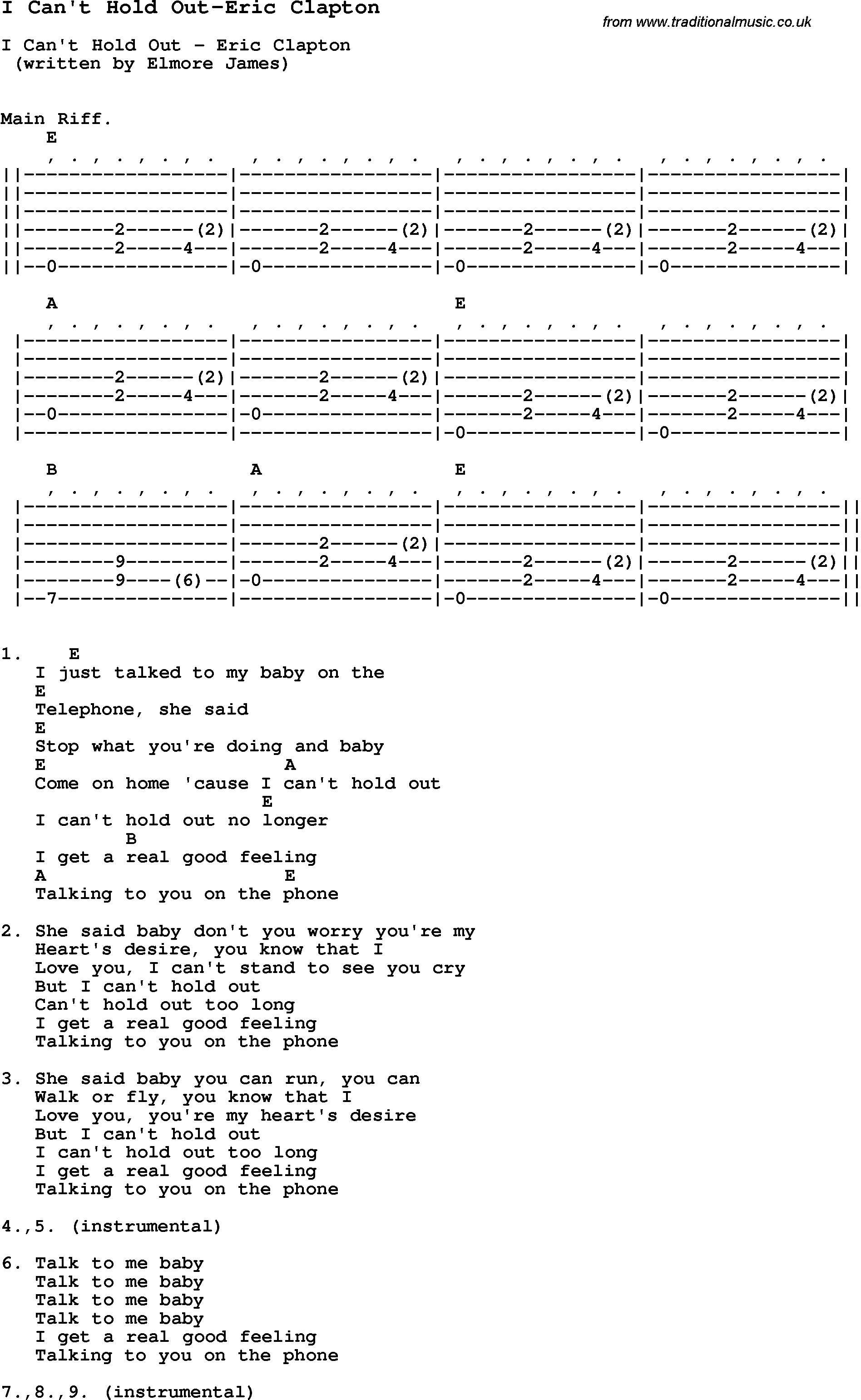 Blues Guitar Song, lyrics, chords, tablature, playing hints for I Can't Hold Out-Eric Clapton