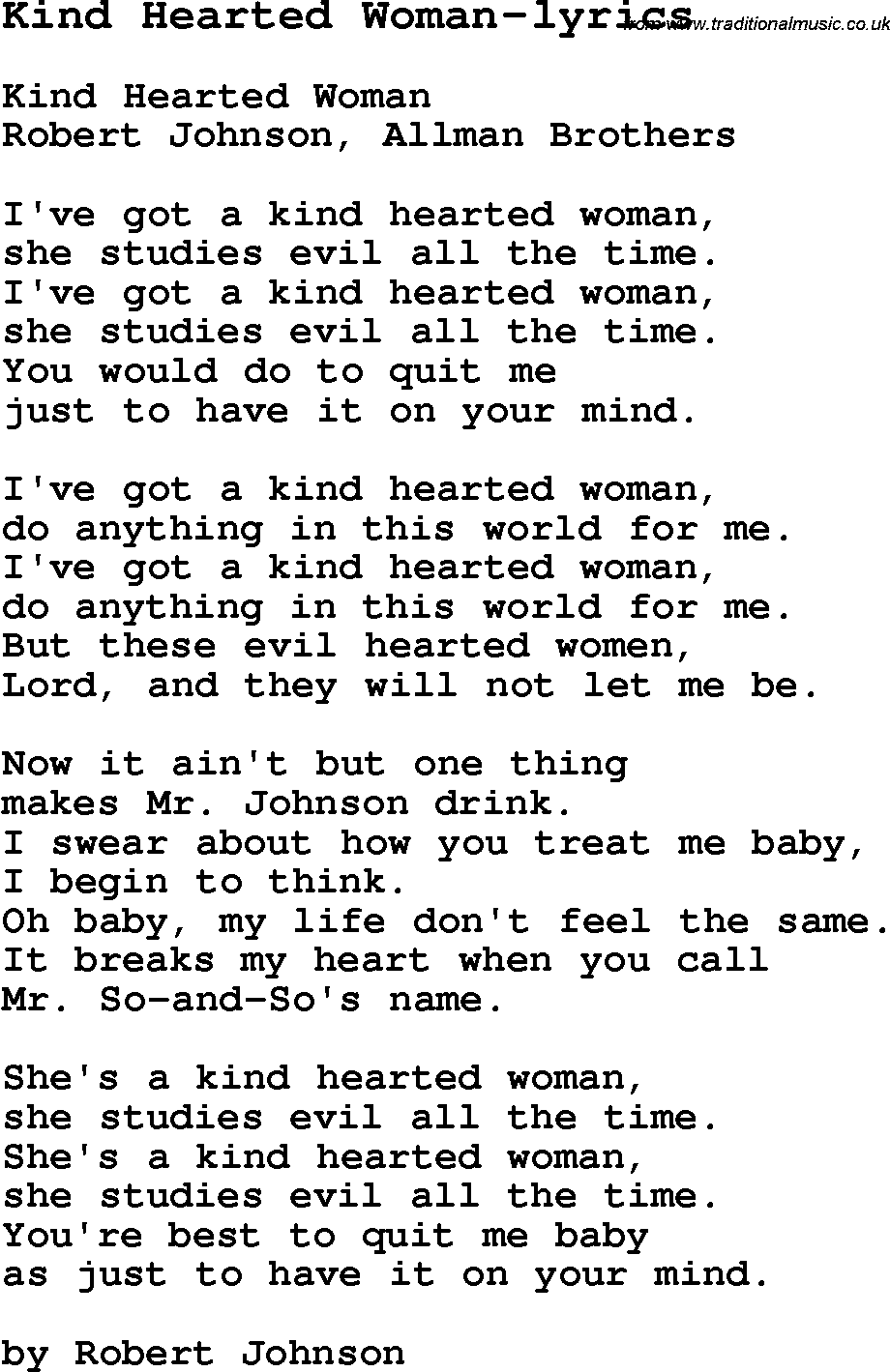 Blues Guitar Song, lyrics, chords, tablature, playing hints for Kind Hearted Woman-lyrics