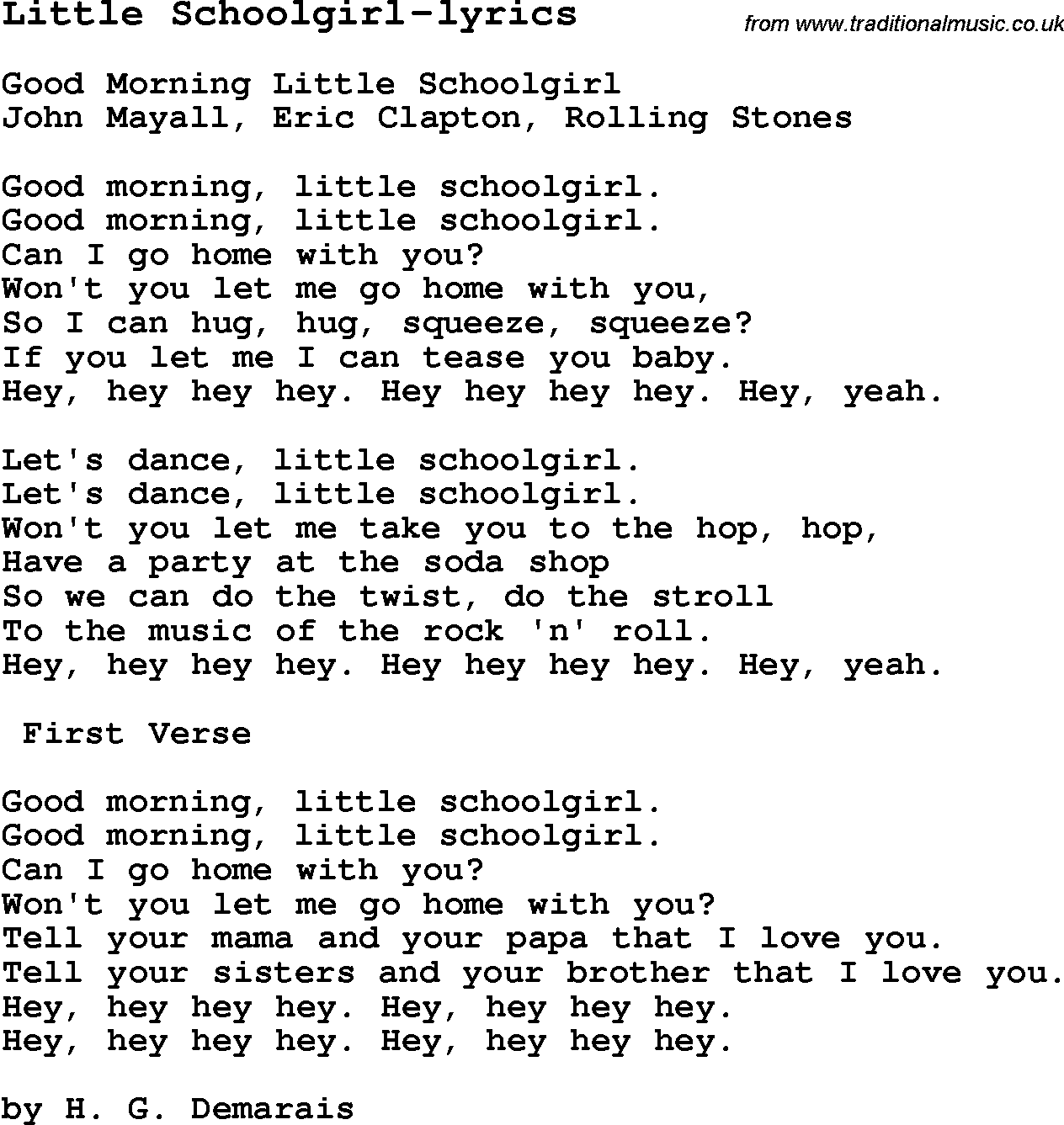 Blues Guitar Song, lyrics, chords, tablature, playing hints for Little Schoolgirl-lyrics