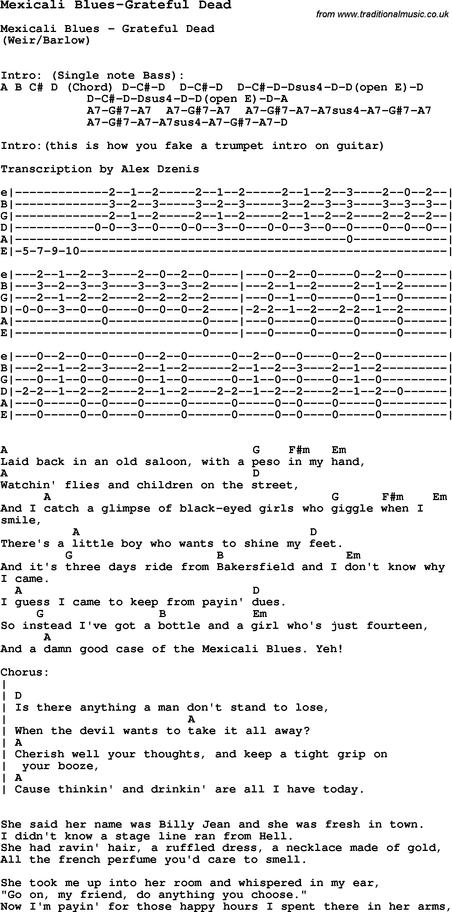 Blues Guitar Song, lyrics, chords, tablature, playing hints for Mexicali Blues-Grateful Dead