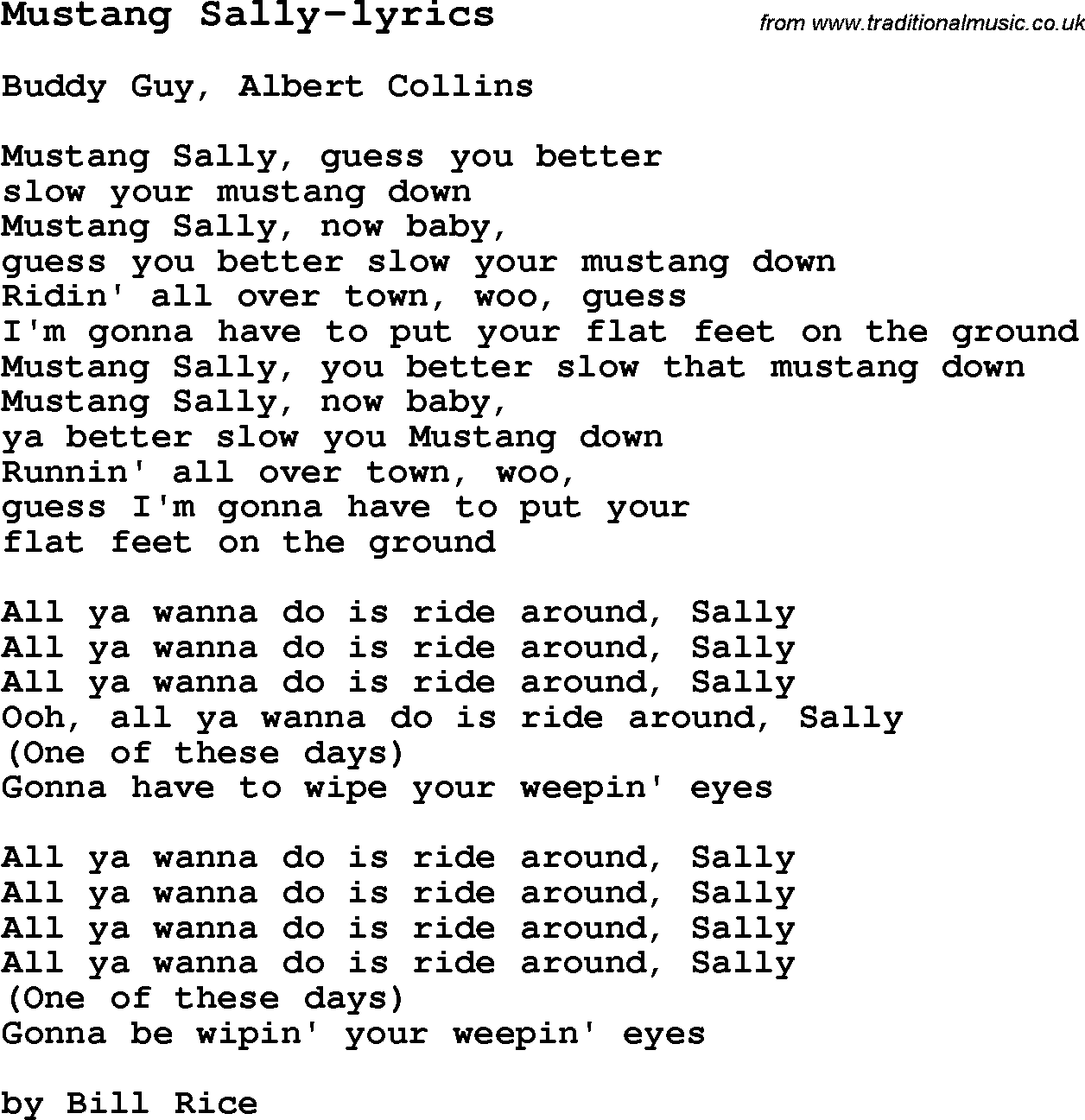 Blues Guitar Song, lyrics, chords, tablature, playing hints for Mustang Sally-lyrics