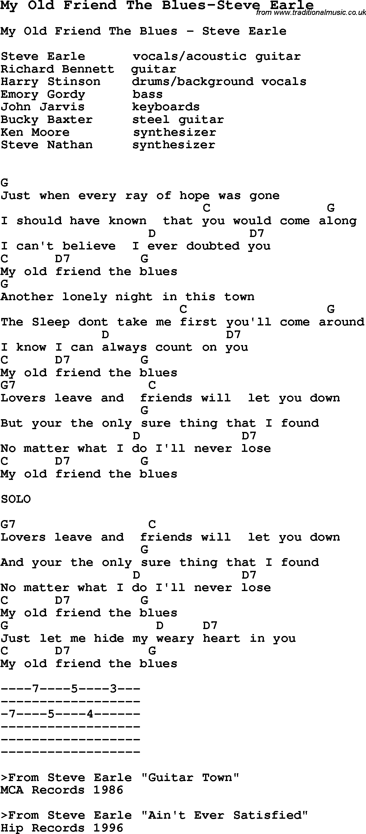 Blues Guitar Song, lyrics, chords, tablature, playing hints for My Old Friend The Blues-Steve Earle