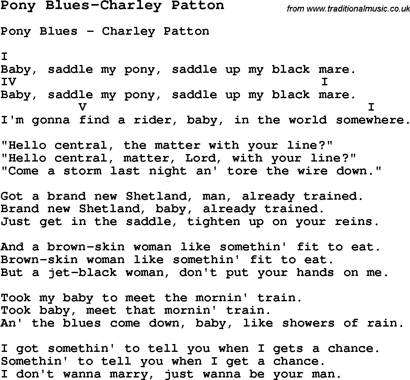 Blues Guitar Song, lyrics, chords, tablature, playing hints for Pony Blues-Charley Patton
